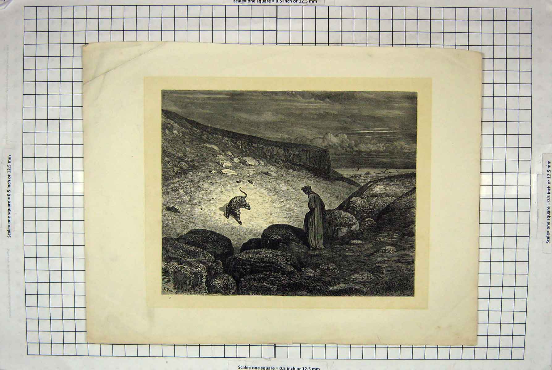 Original Old Antique Print Religion Man Leopard Birds Clouds Sky