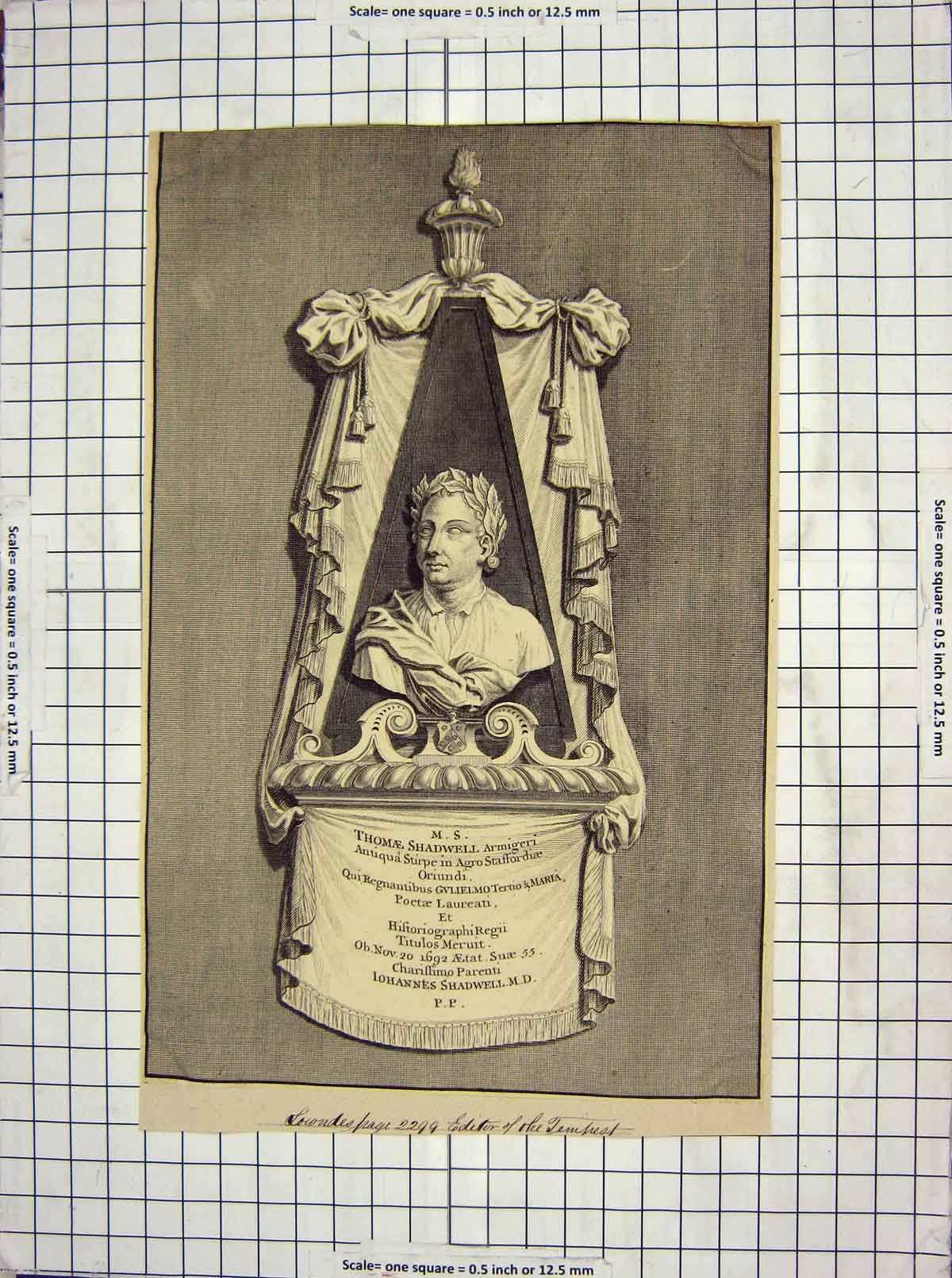 Original Old Antique Print C1800 Monument Thomae Shadwell Editor Tempest 19th