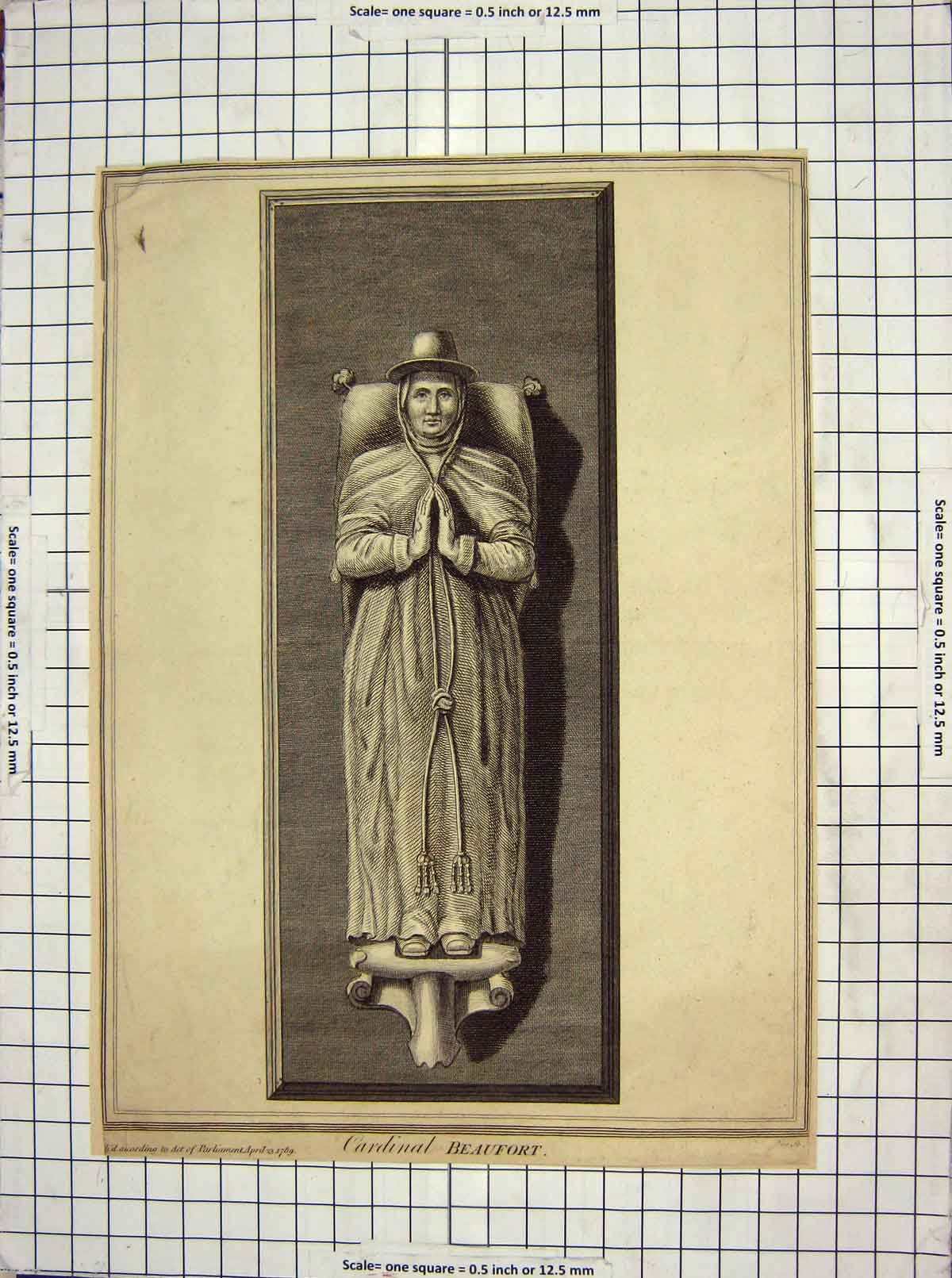 Original Old Antique Print 1789 Statue Cardinal Beaufort 18th Century