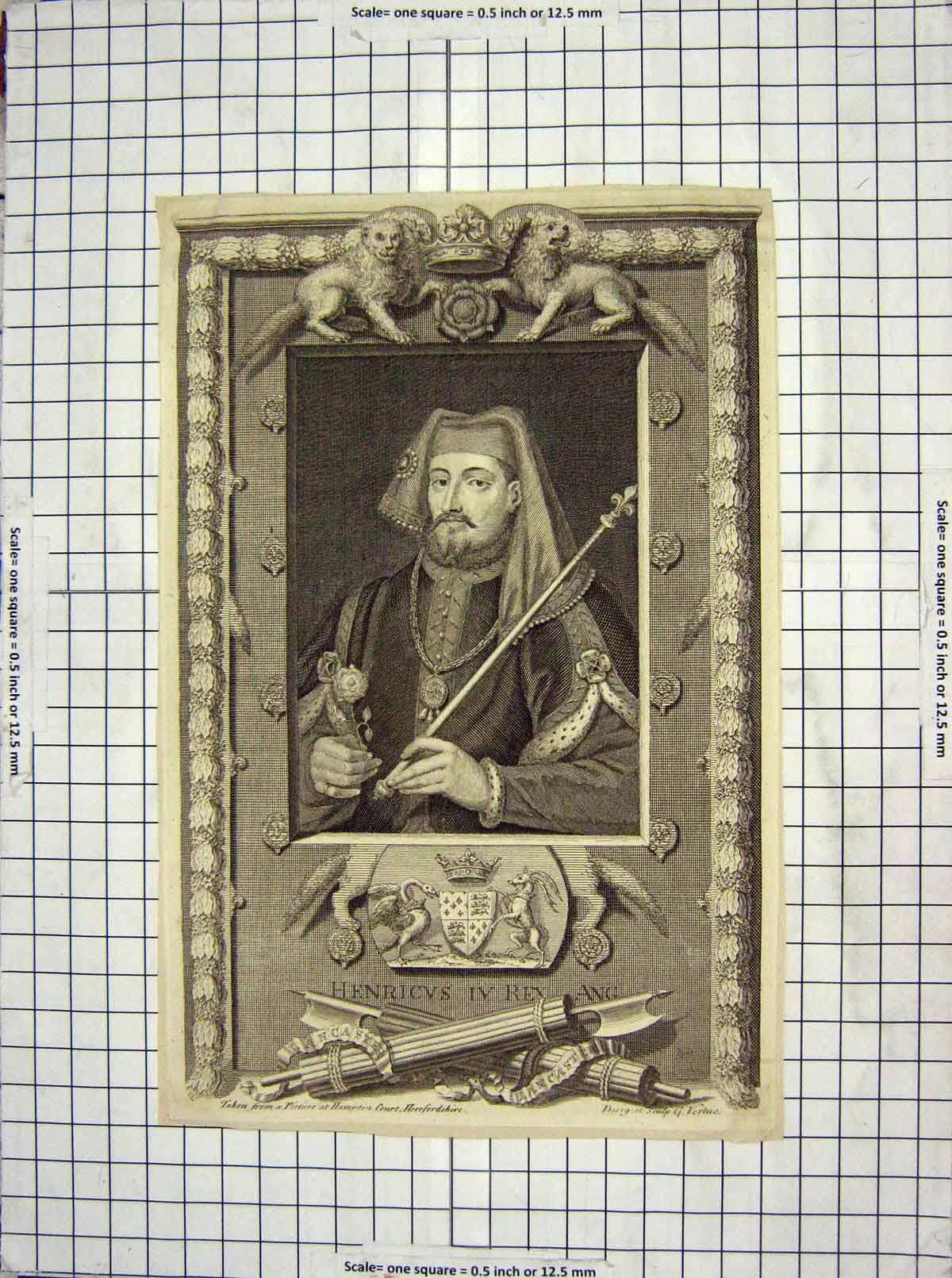 Original Old Antique Print C1800 Portrait Henricvs Rex Hampton Court 19th