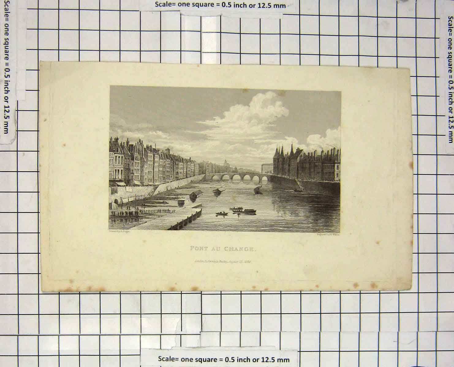 Original Old Antique Print 1828 View Pont Au Change River Bridge Wallis Pugin