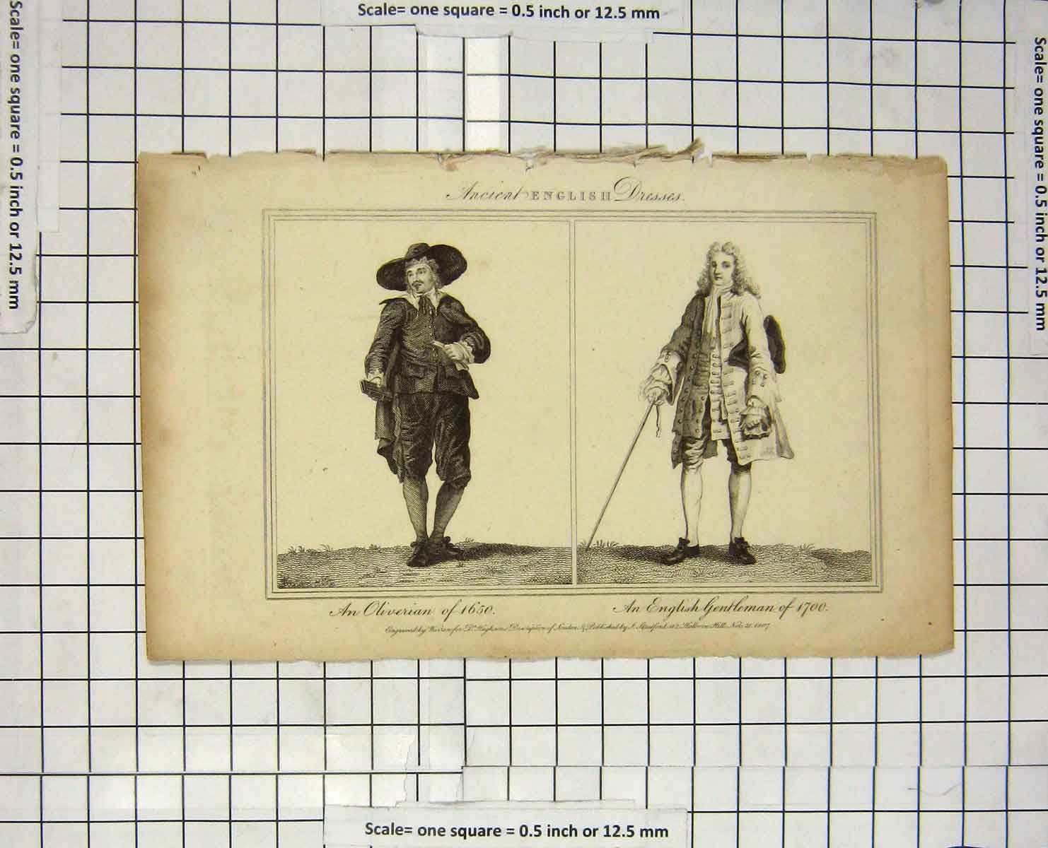 Original Old Antique Print English Men Fashion Oliverian Gentleman 1807 Warren