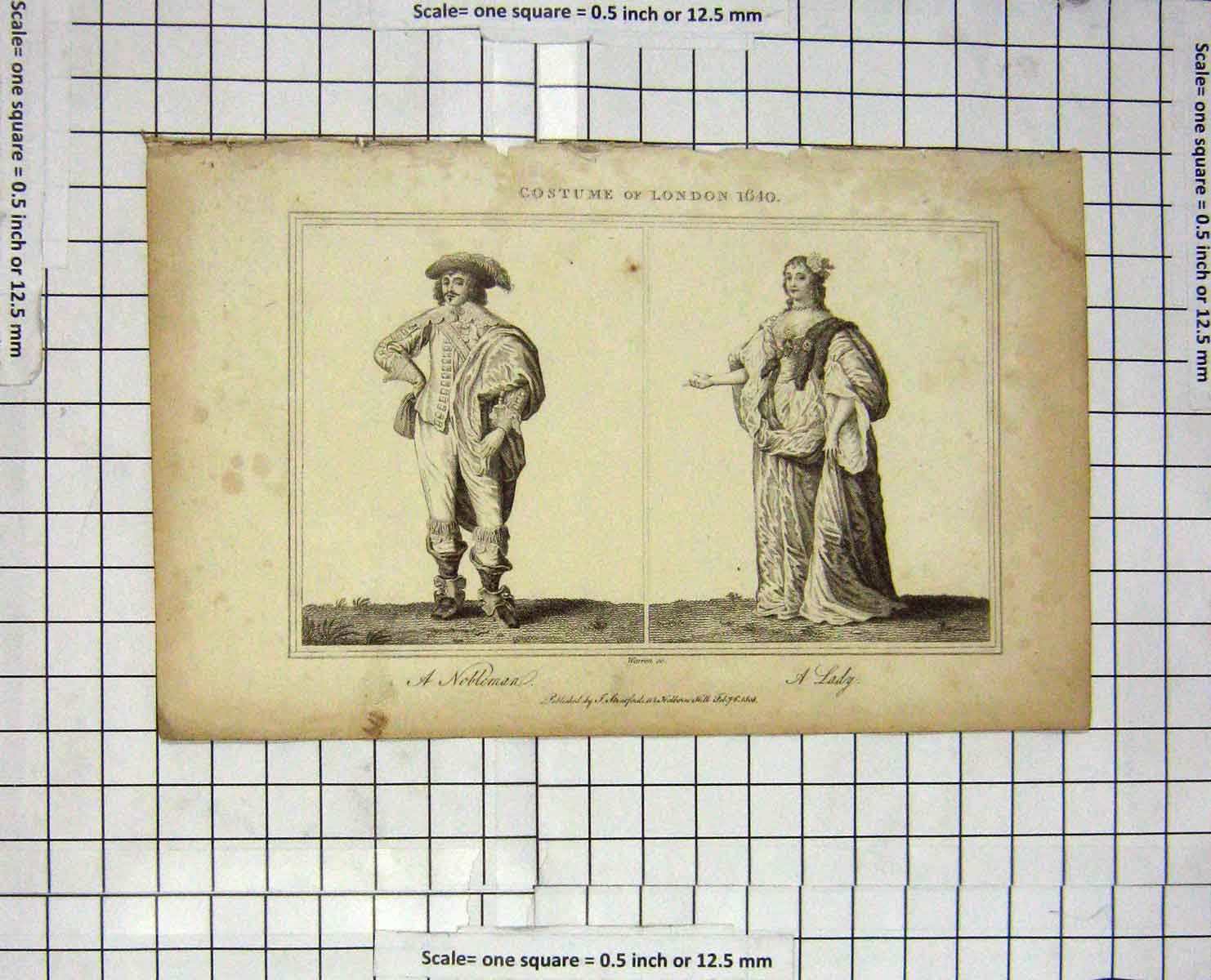 Original Old Antique Print London Costumes 1640 Nobelman Lady Warren 1808
