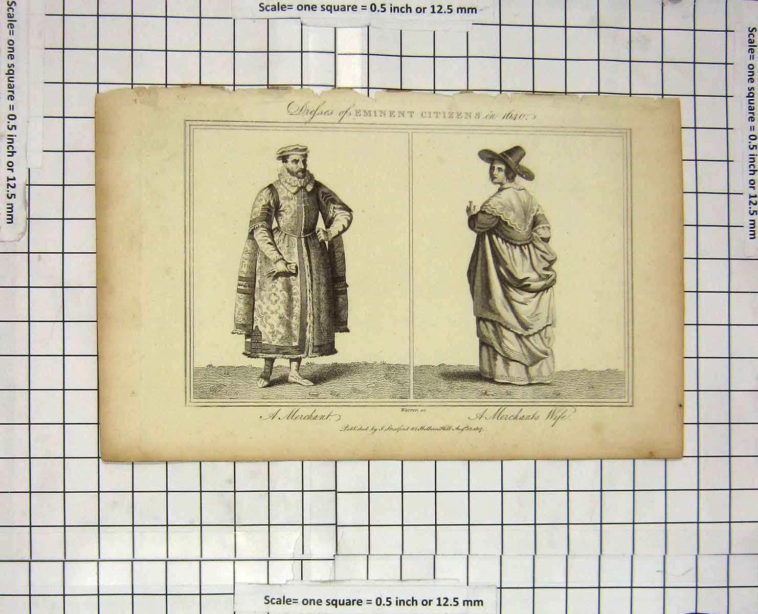 Original Old Antique Print Dress Eminent Merchant Man Wife Warren Engraving