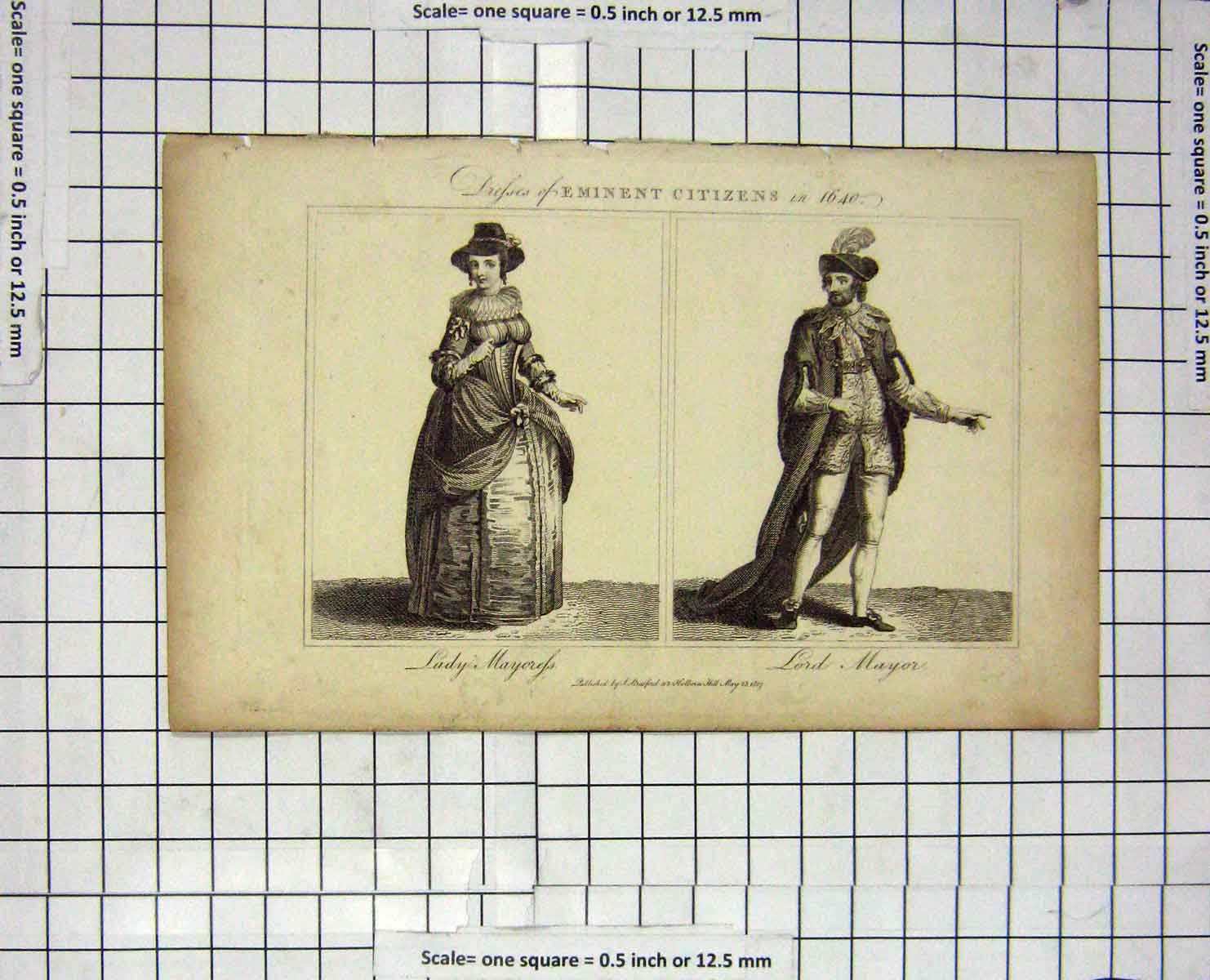 Original Old Antique Print Dress 1640 Lady Mayoress Mayor 1807 Engraving