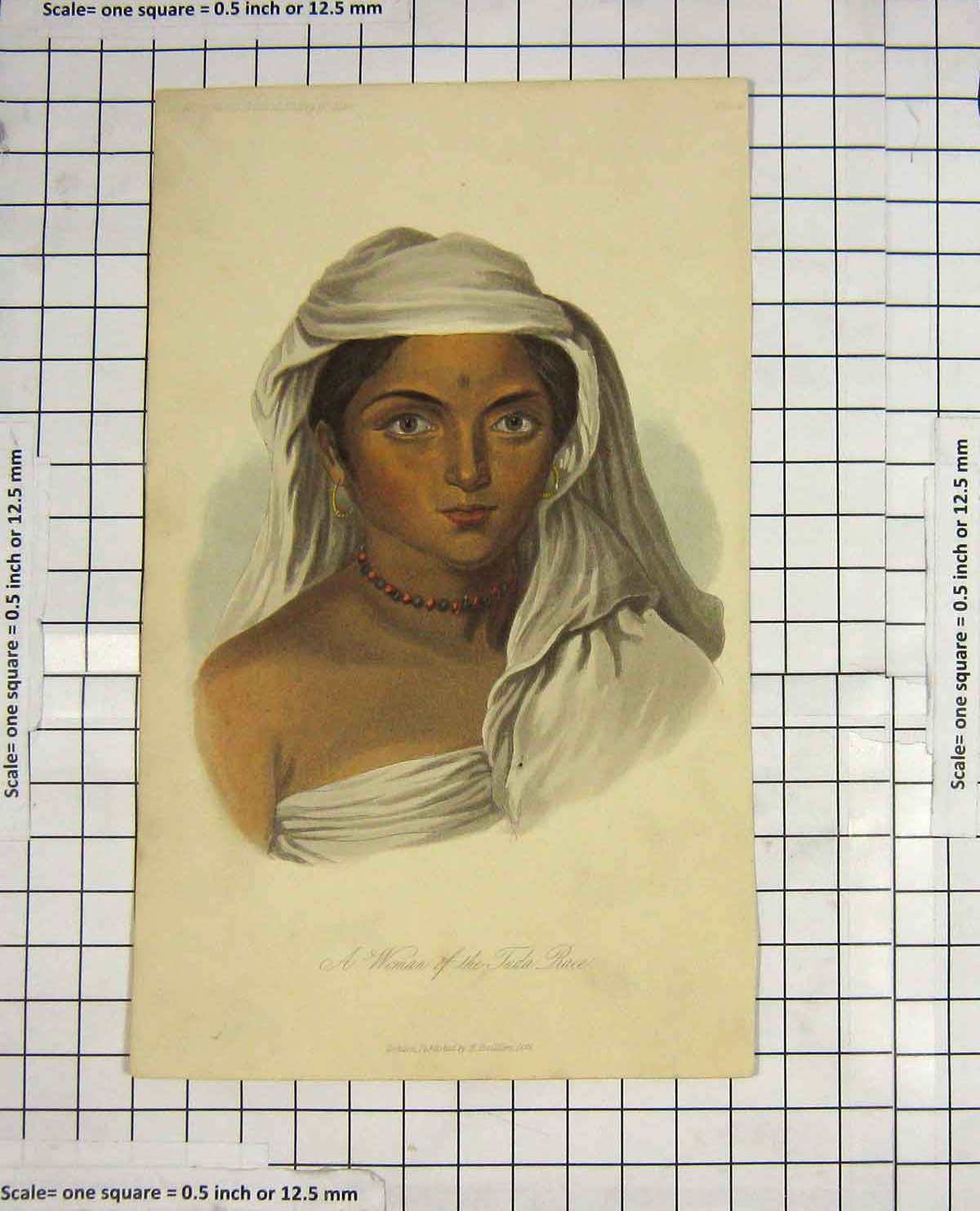 Original Old Antique Print 1844 Colour Portrait Native Woman Tuda Race 19th