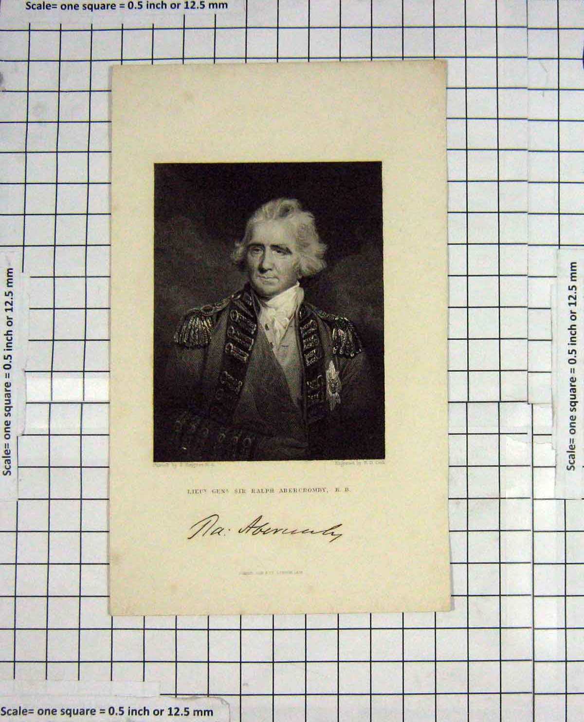 Original Old Antique Print Portrait Ralph Abercromby Hoppner Cock Engraving