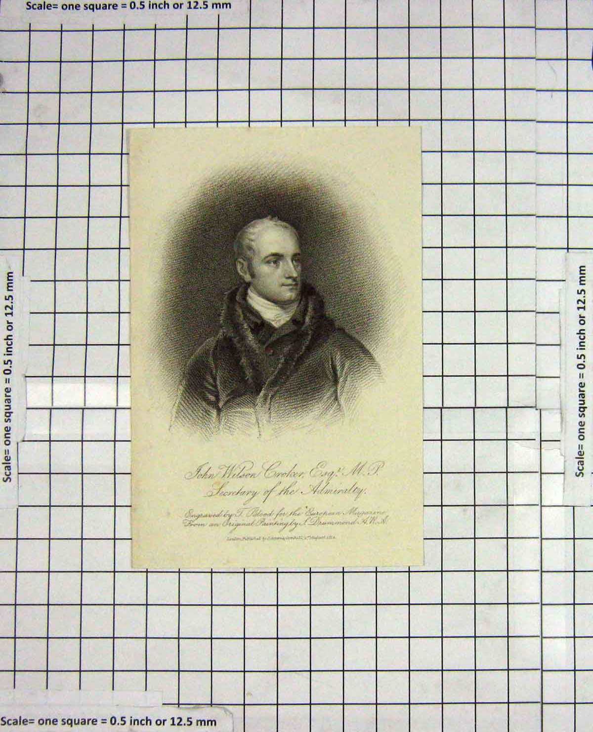 Original Old Antique Print Portrait John Wilson Crocker 1812 Drummond Engraving