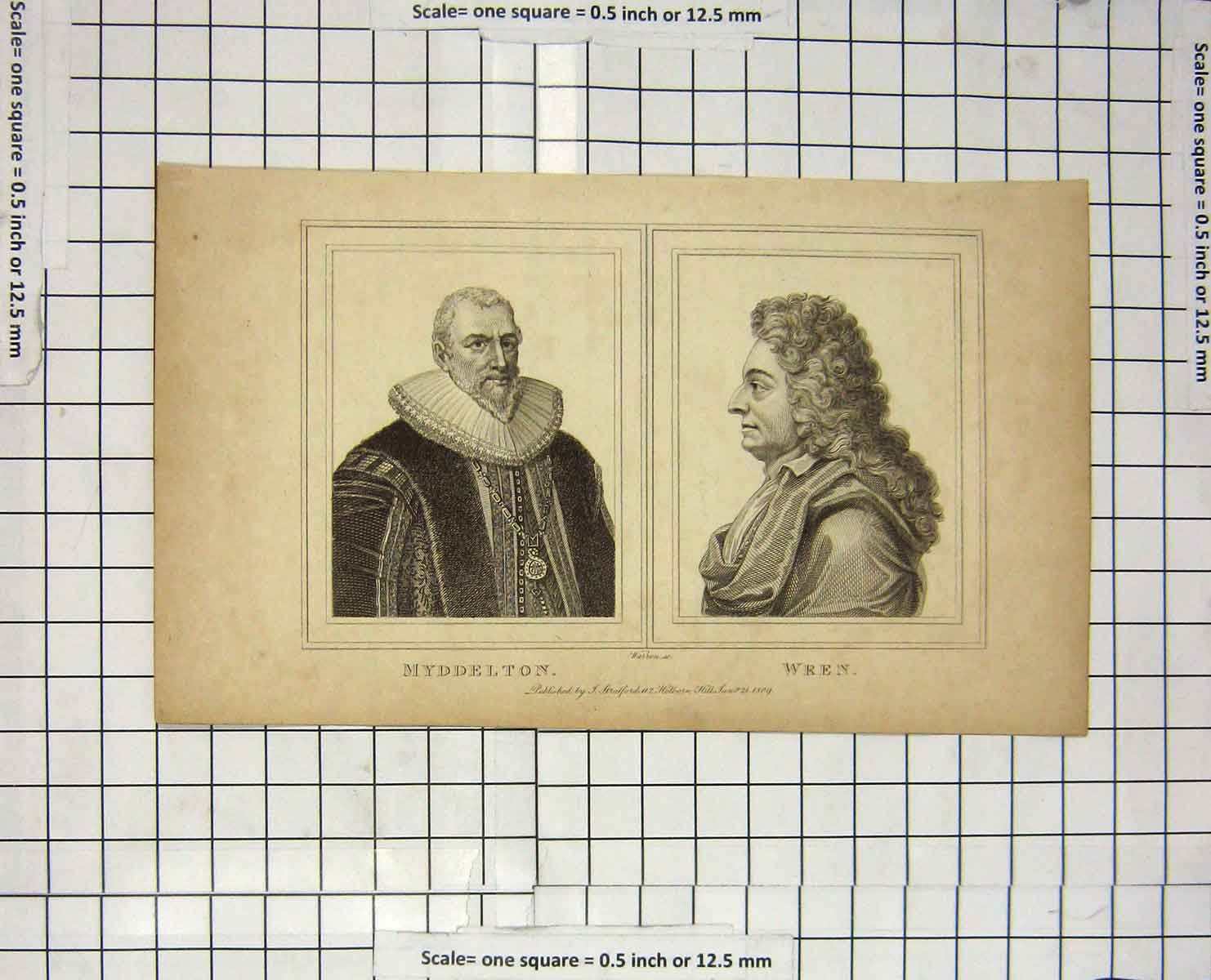 Original Old Antique Print 1809 Portrait Myddelton Wren Warren Engraving 19th