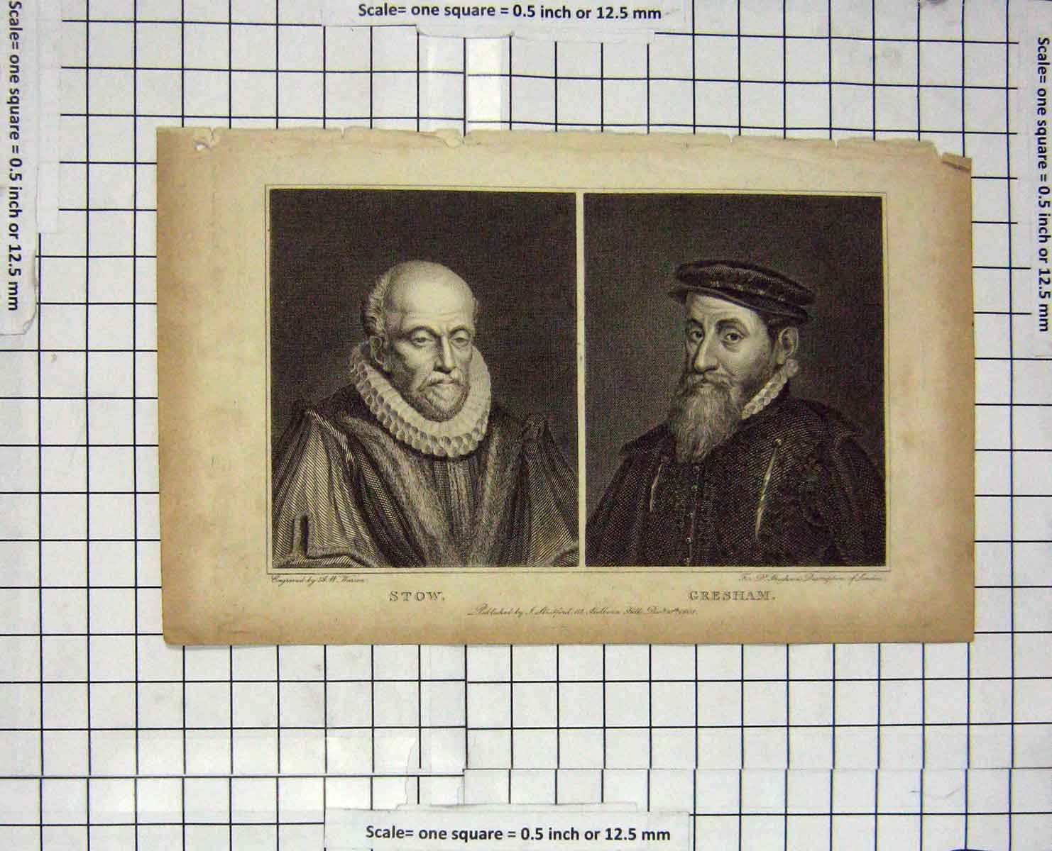 Original Old Antique Print 1808 Portrait Stow Gresham Warren Engraving 19th