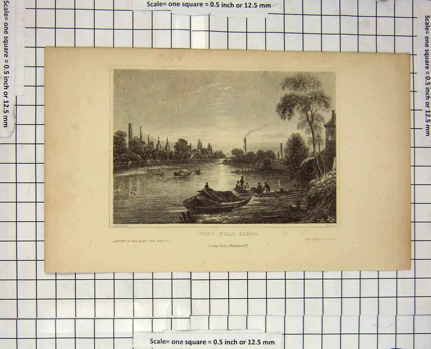 Original Old Antique Print View Liege River Boats Engraving Russell