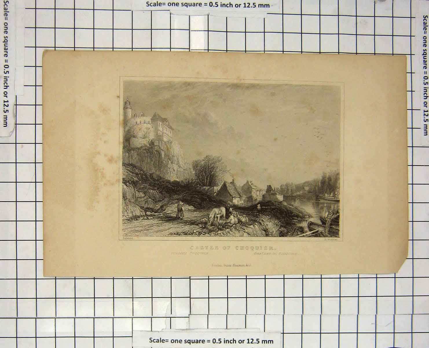 Original Old Antique Print Castle Choquier Salmon Winkles Engraving