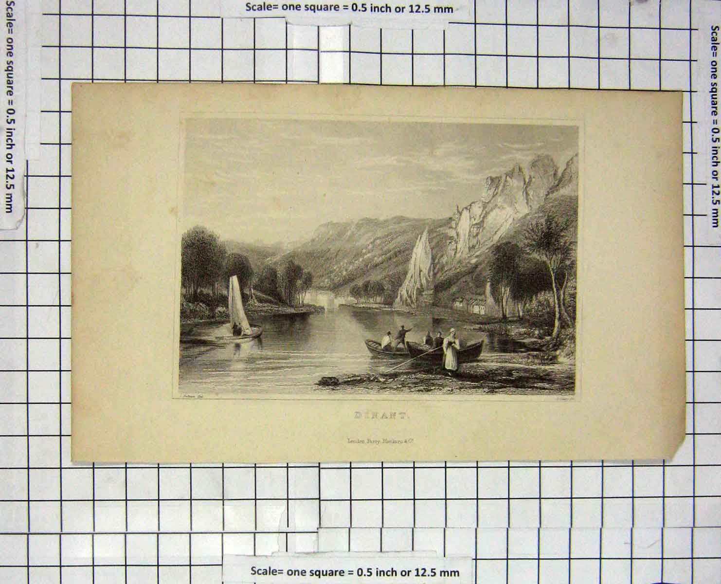 Original Old Antique Print View Dinant River Boats Mountains Salmon