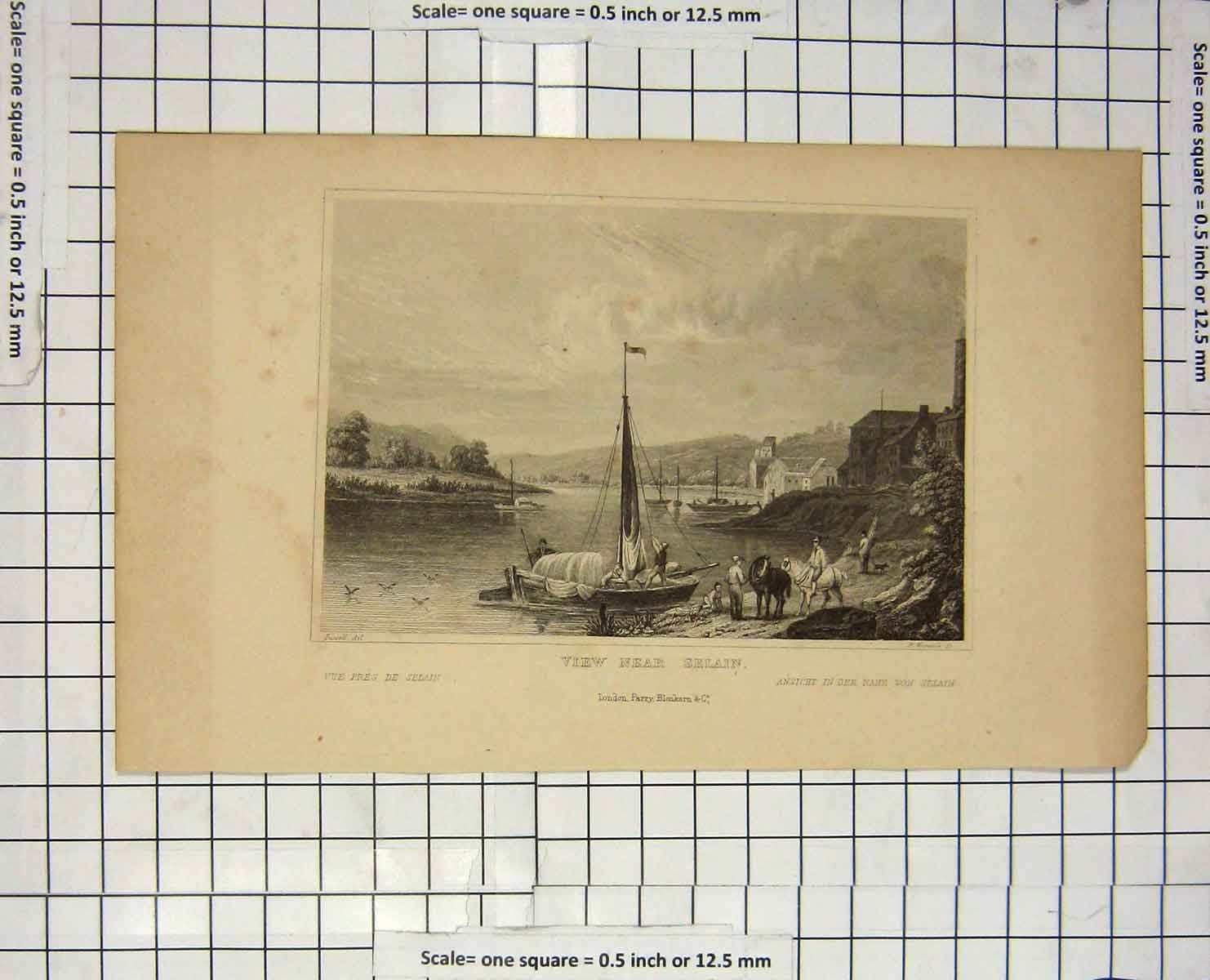 Original Old Antique Print View Selain River Boat Warwick Russell