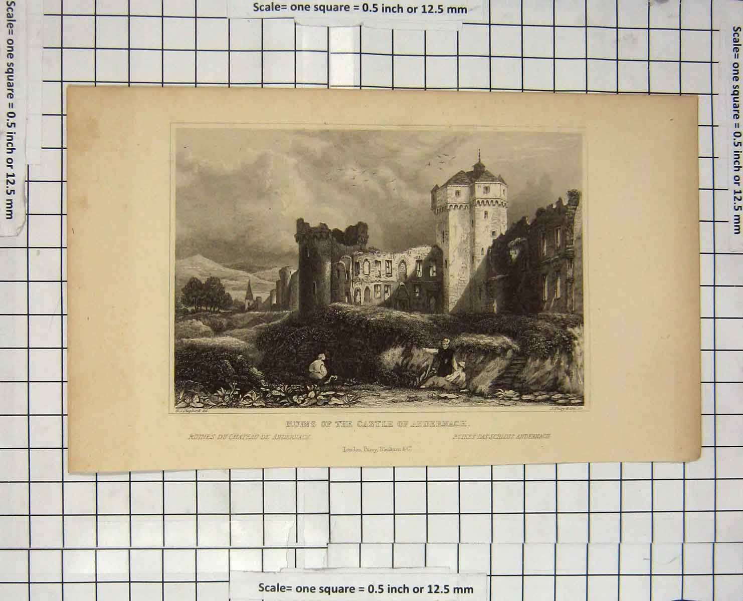 Original Old Antique Print Ruins Castle Andernach Shepherd Shury Engraving