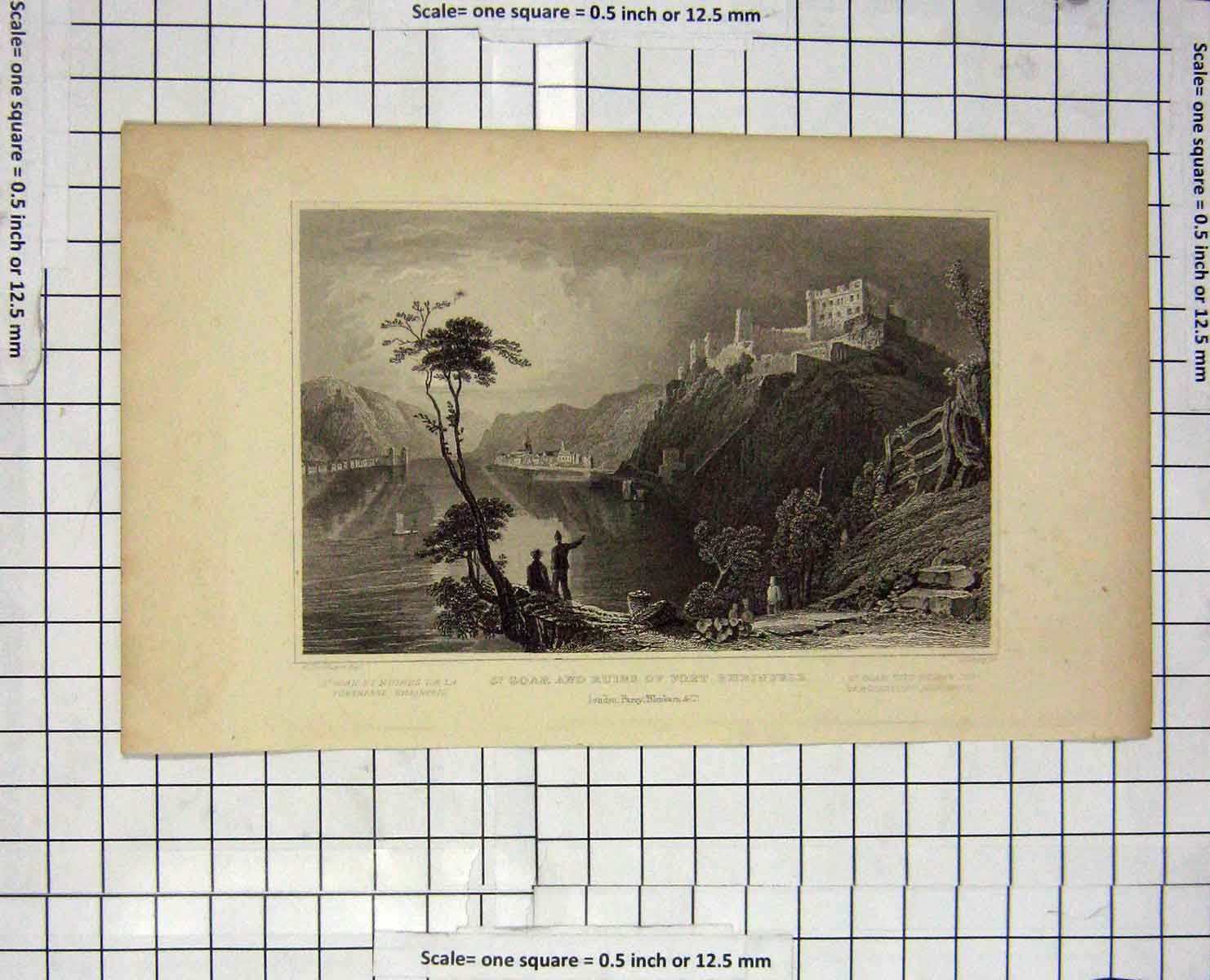 Original Old Antique Print St. Goar Ruins Rheinfels Engraving Tombleson Drury