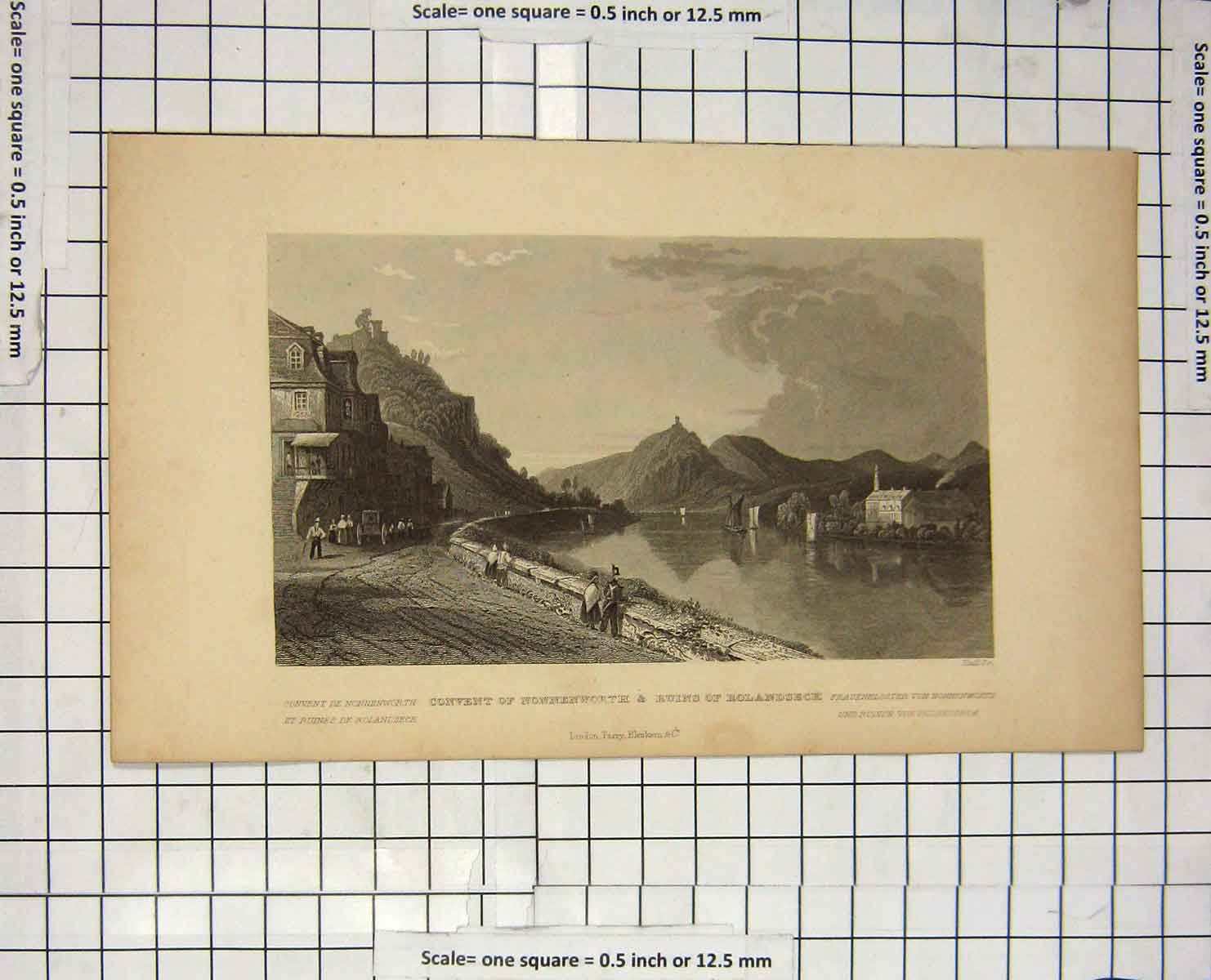 Original Old Antique Print Convent Nonnenworth Ruins Rolandseck Mountains Hall