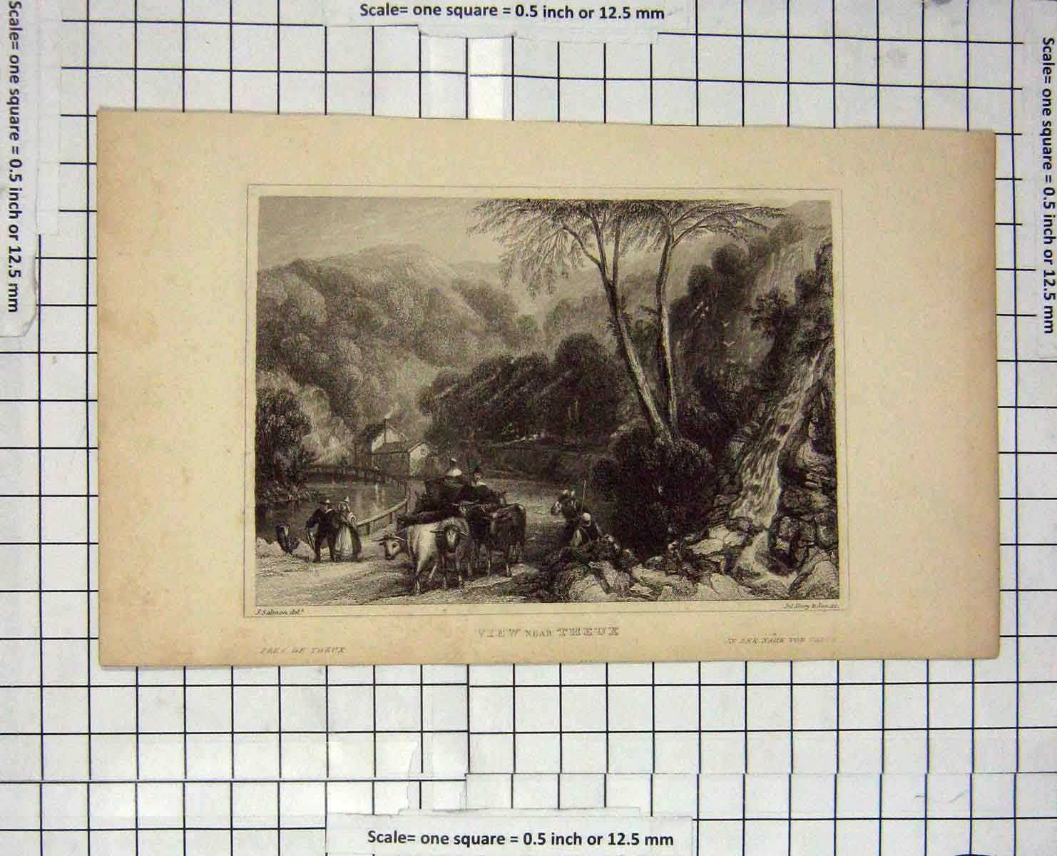 Original Old Antique Print Theux Mountains Cattle Trees Shury Salmon Engraving