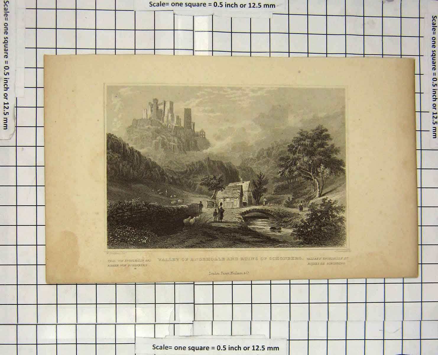 Original Old Antique Print Valley Engeholle Ruins Schonberg Tombleson Engraving