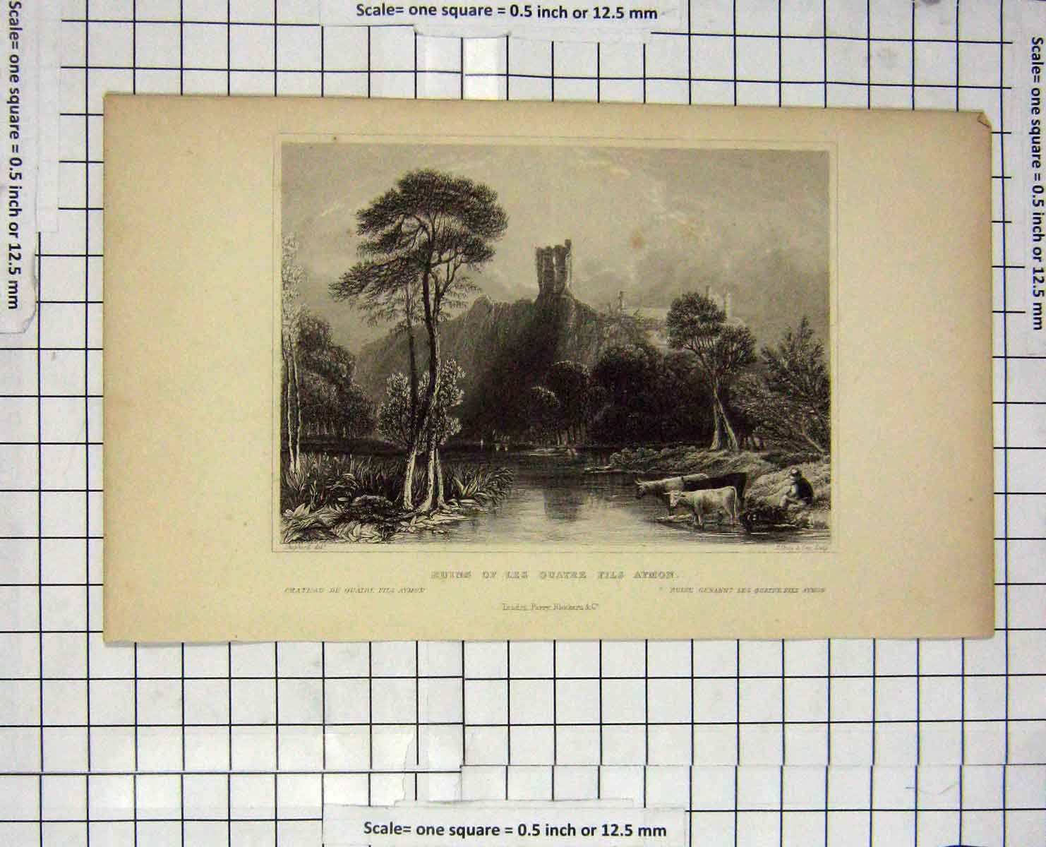 Original Old Antique Print Ruins Les Quatre Fils Aymon Castle Shury Shepherd
