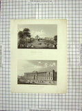 Original Old Antique Print 1823 Colonnade Du Louvre Chateau D'Eau Pugin Wallis