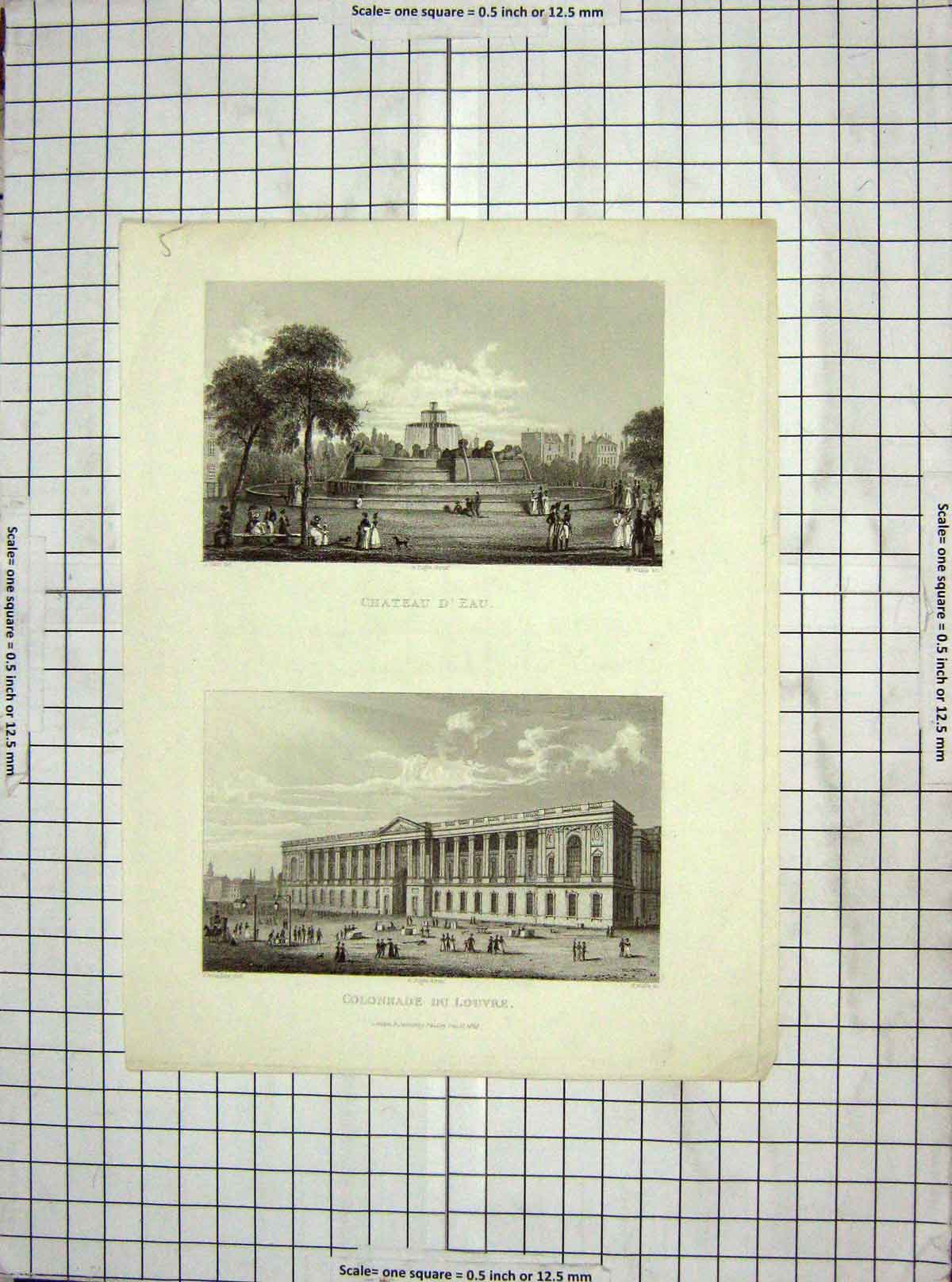 Original Old Antique Print 1823 Colonnade Du Louvre Chateau D'Eau Pugin Wallis