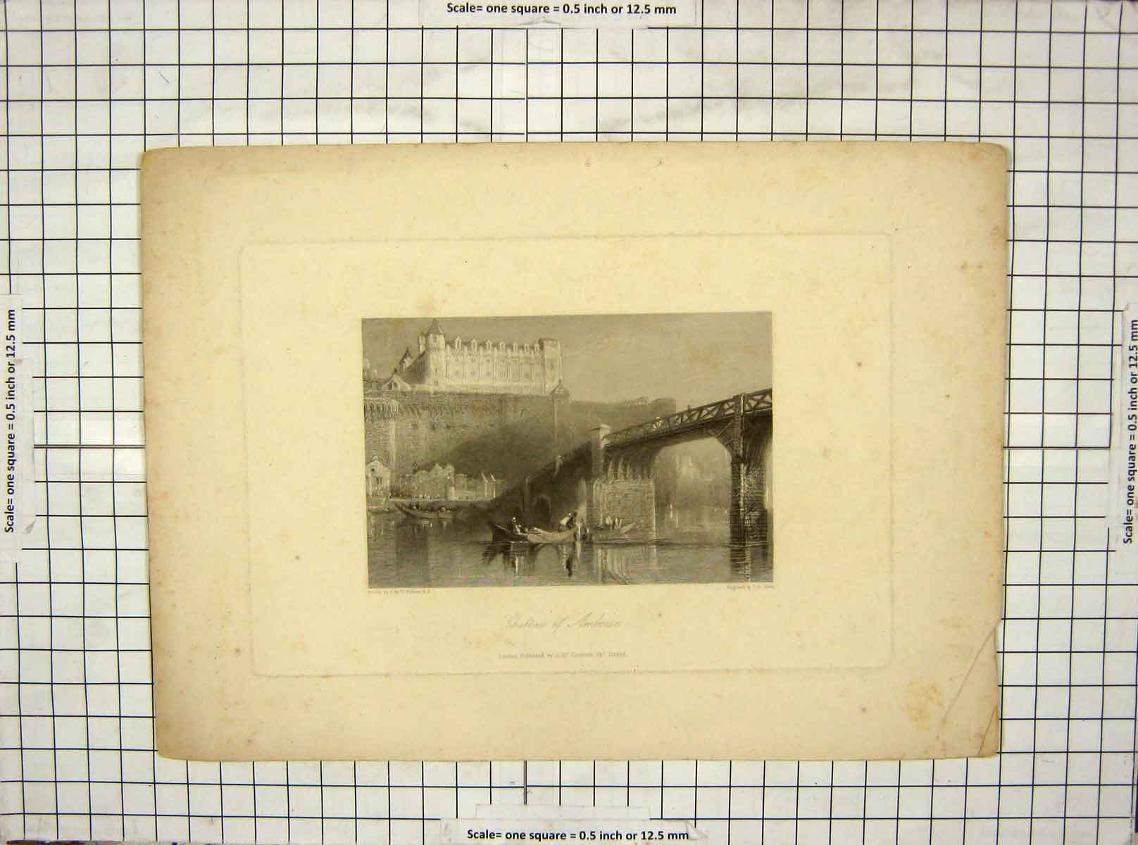 Original Old Antique Print Cahteau Amboise River Bridge Allen Turner Engraving