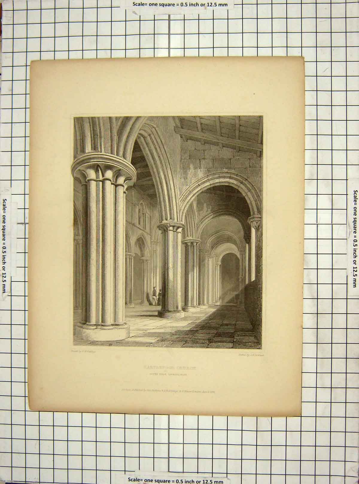 Original Old Antique Print 1844 Hartelpool Church Architecutre Keux Billings