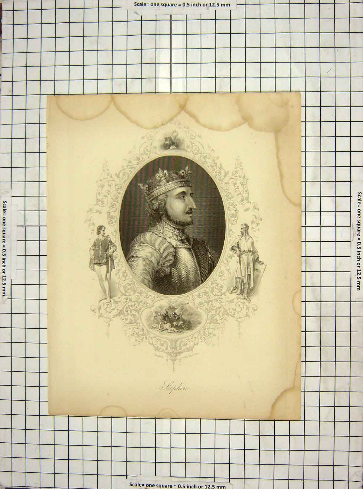 Original Old Antique Print Portrait King Stephen Taken Prisoner Engraving