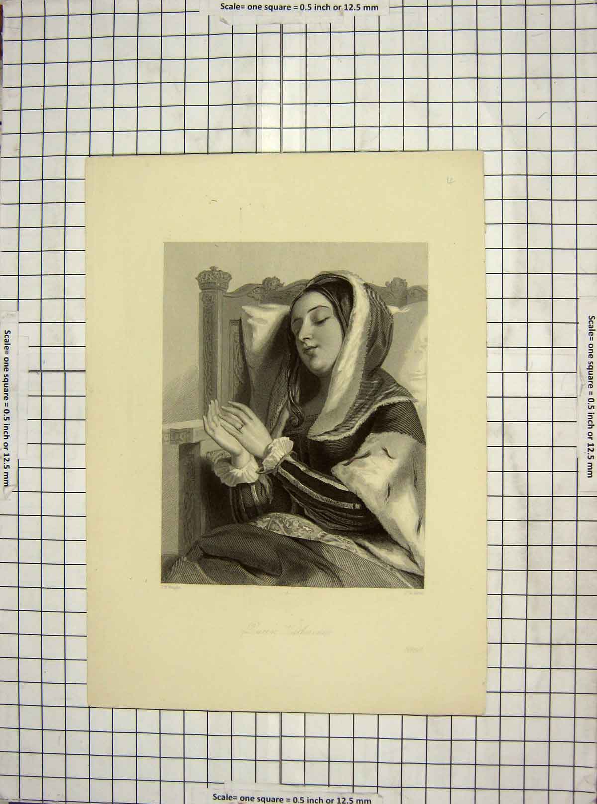 Original Old Antique Print Portrait Queen Katherine Mote Wright Engraving