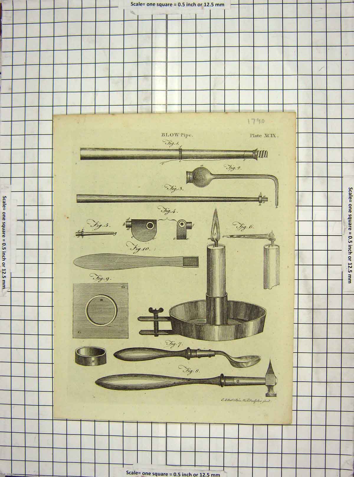 Original Old Antique Print Blow Pipe Instruments Ball Engraving