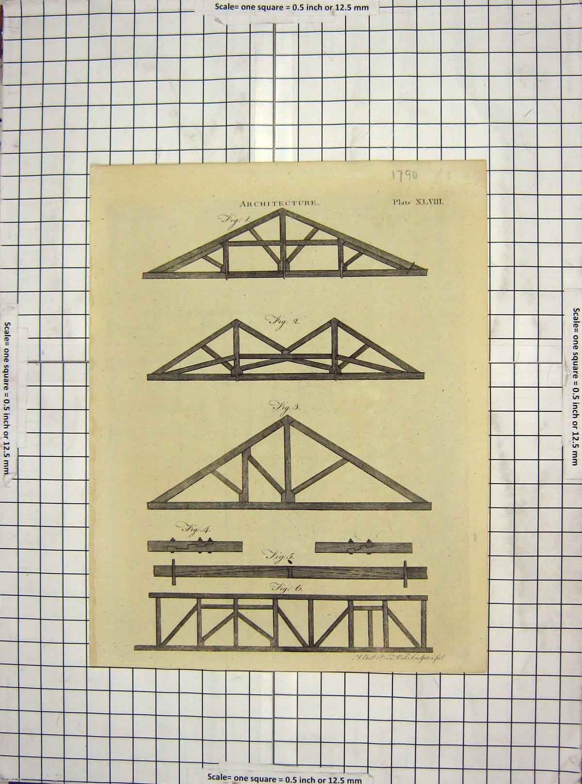 Original Old Antique Print 1790 Architecture RoJoists Carpentry 18th Century