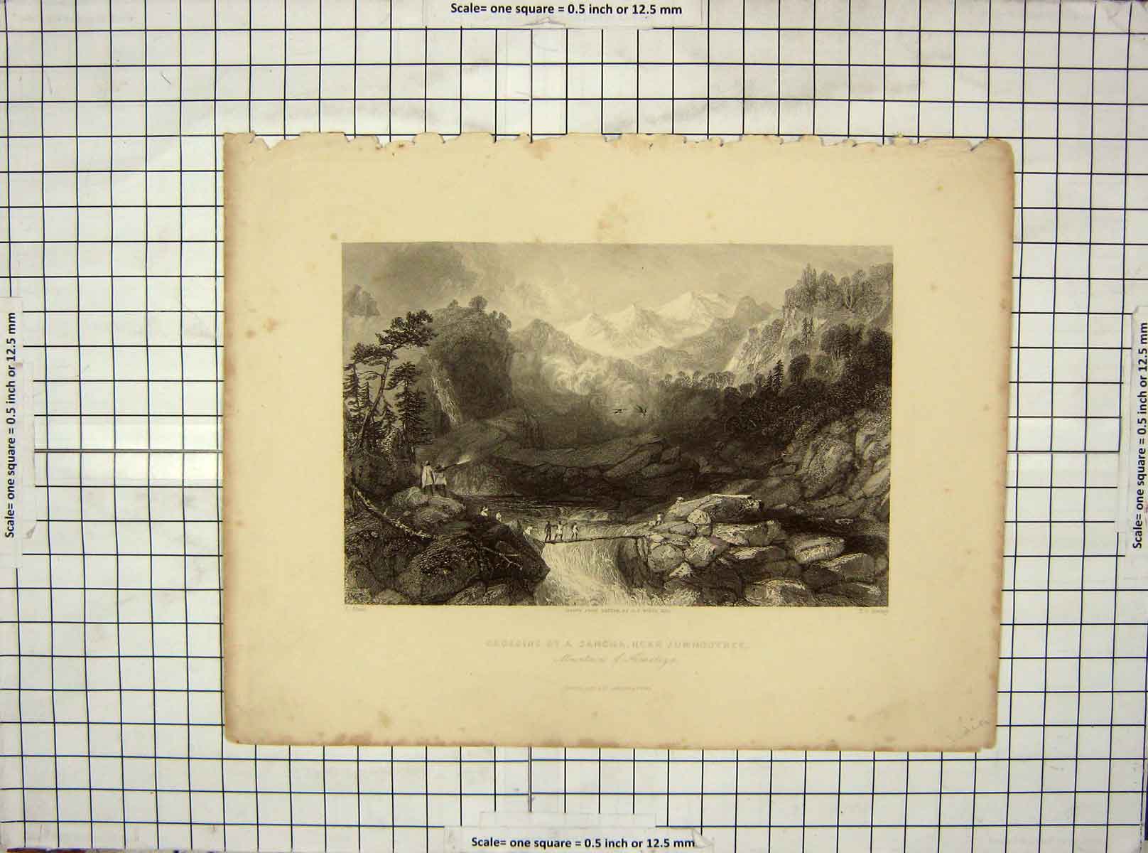 Old Antique Print View Crossing Sancha Jumnootree River Mountains Allom