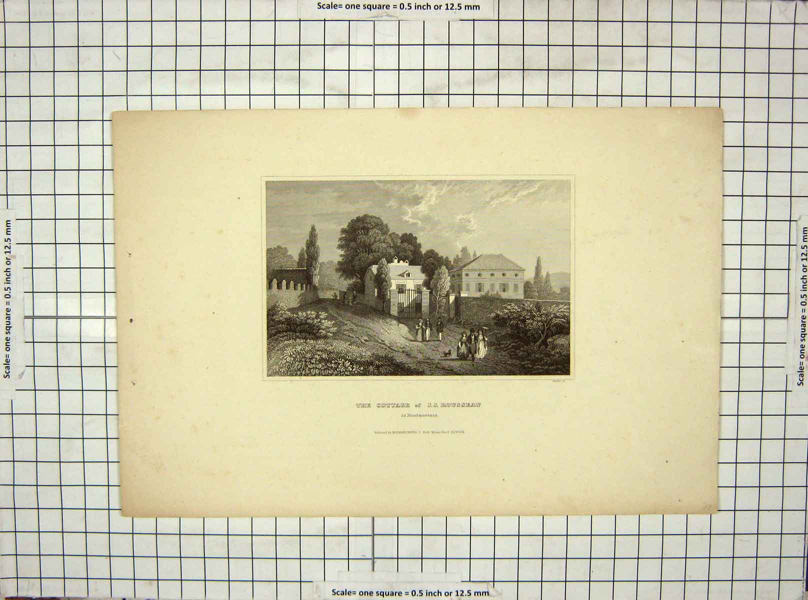 Original Old Antique Print View Cottage Rousseau Montmorency Engraving