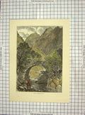 Original Old Antique Print Colour View Pont Aberglaslyn Mountains River