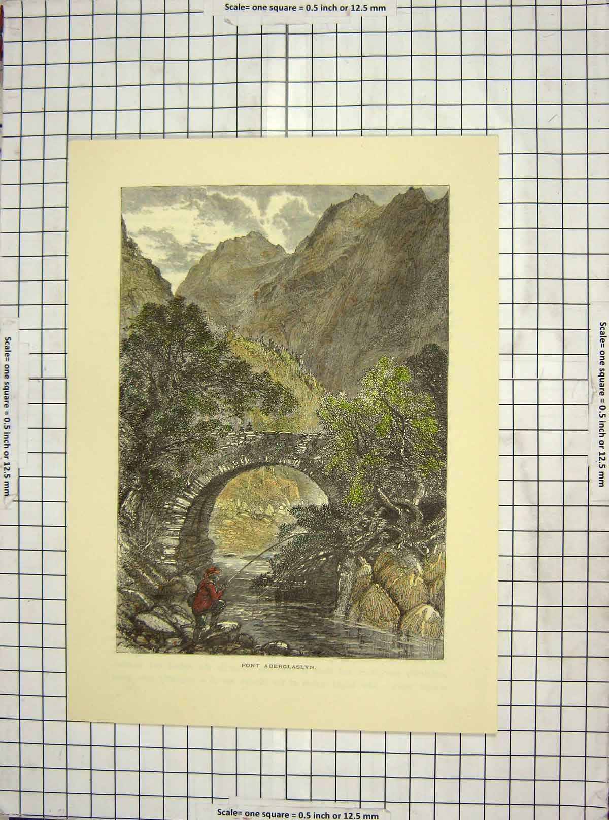 Original Old Antique Print Colour View Pont Aberglaslyn Mountains River
