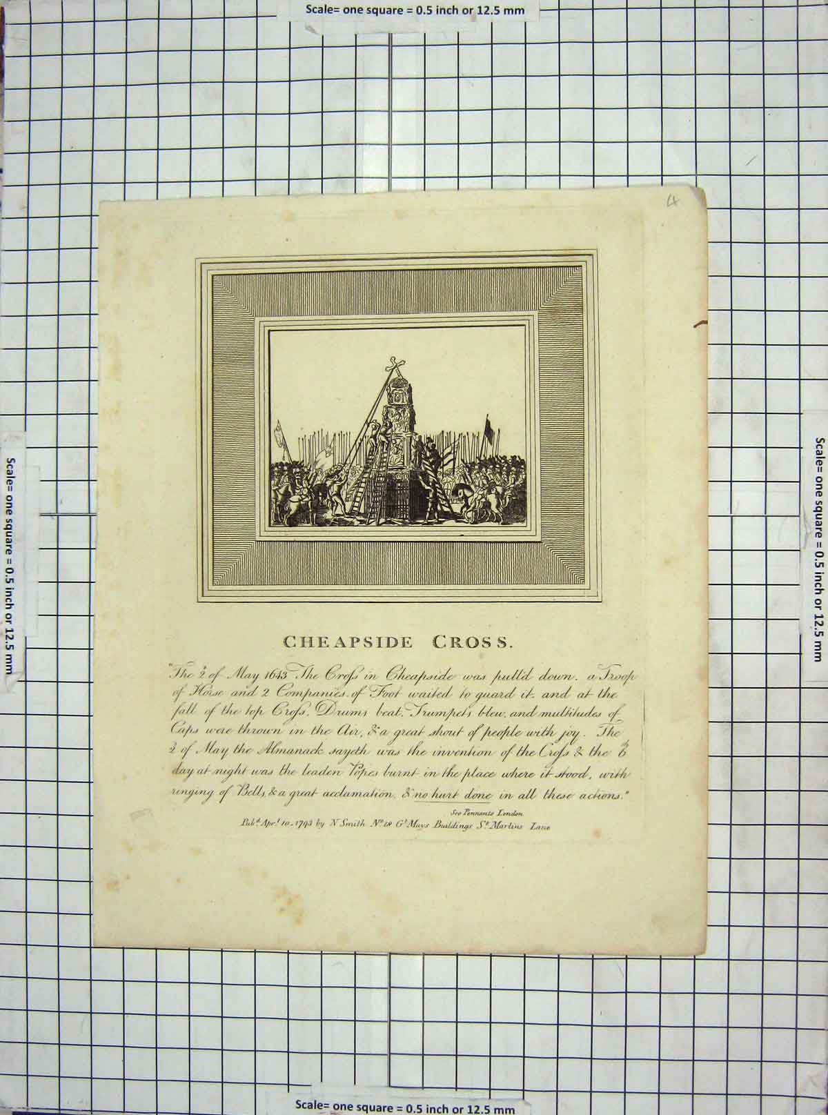 Original Old Antique Print 1793 Cheapside Cross Destruction 18th Century