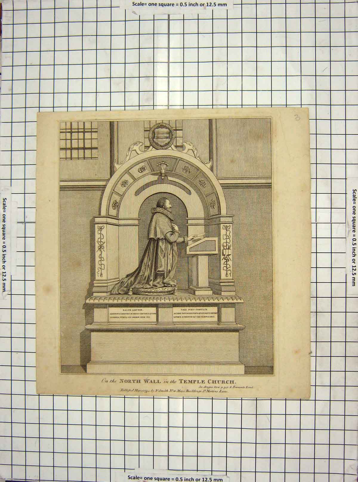 Original Old Antique Print 1794 North Wall Temple Church Engraving 18th Century