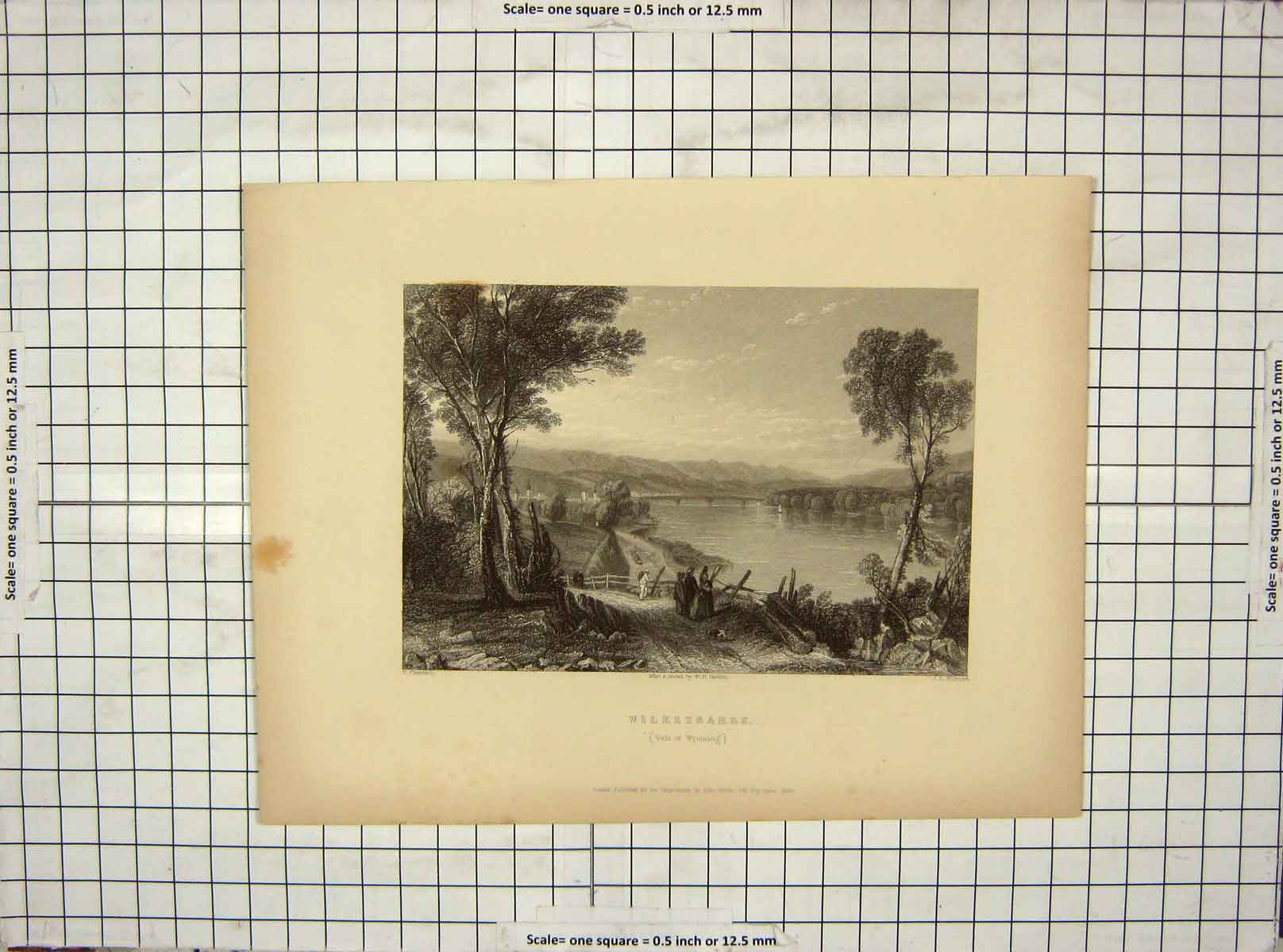 Original Old Antique Print 1838 View Wilkesbarre Vale Wyoming Bridge Wilmore