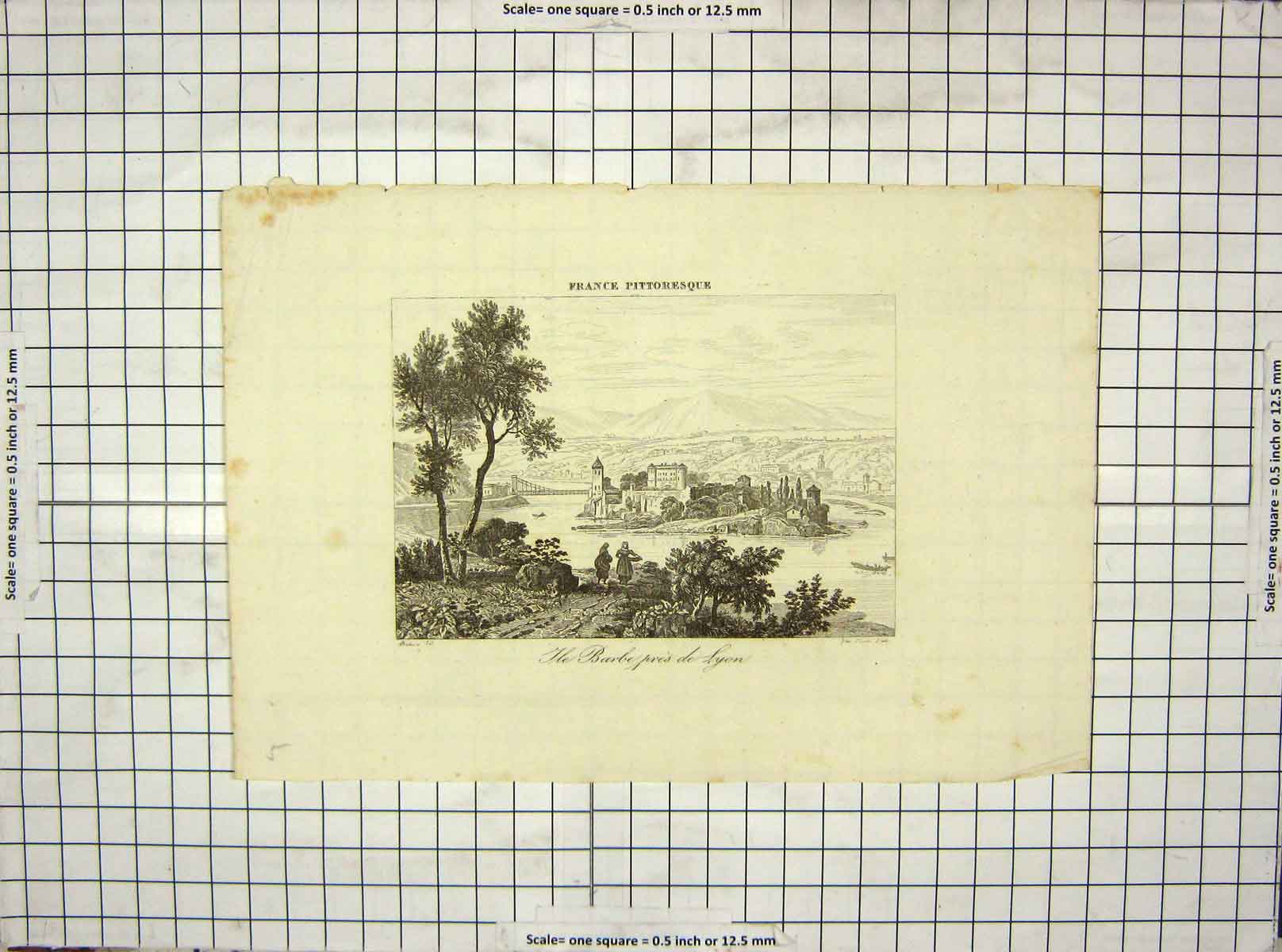 Original Old Antique Print France Barbe Pres Lyon Mountains Bridge Engraving