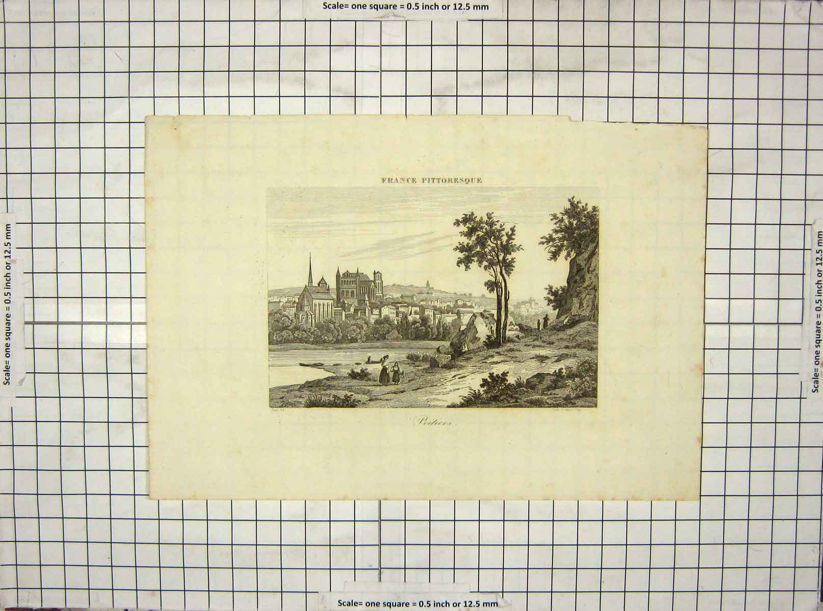 Original Old Antique Print France View Poilers Town Architecture Engraving