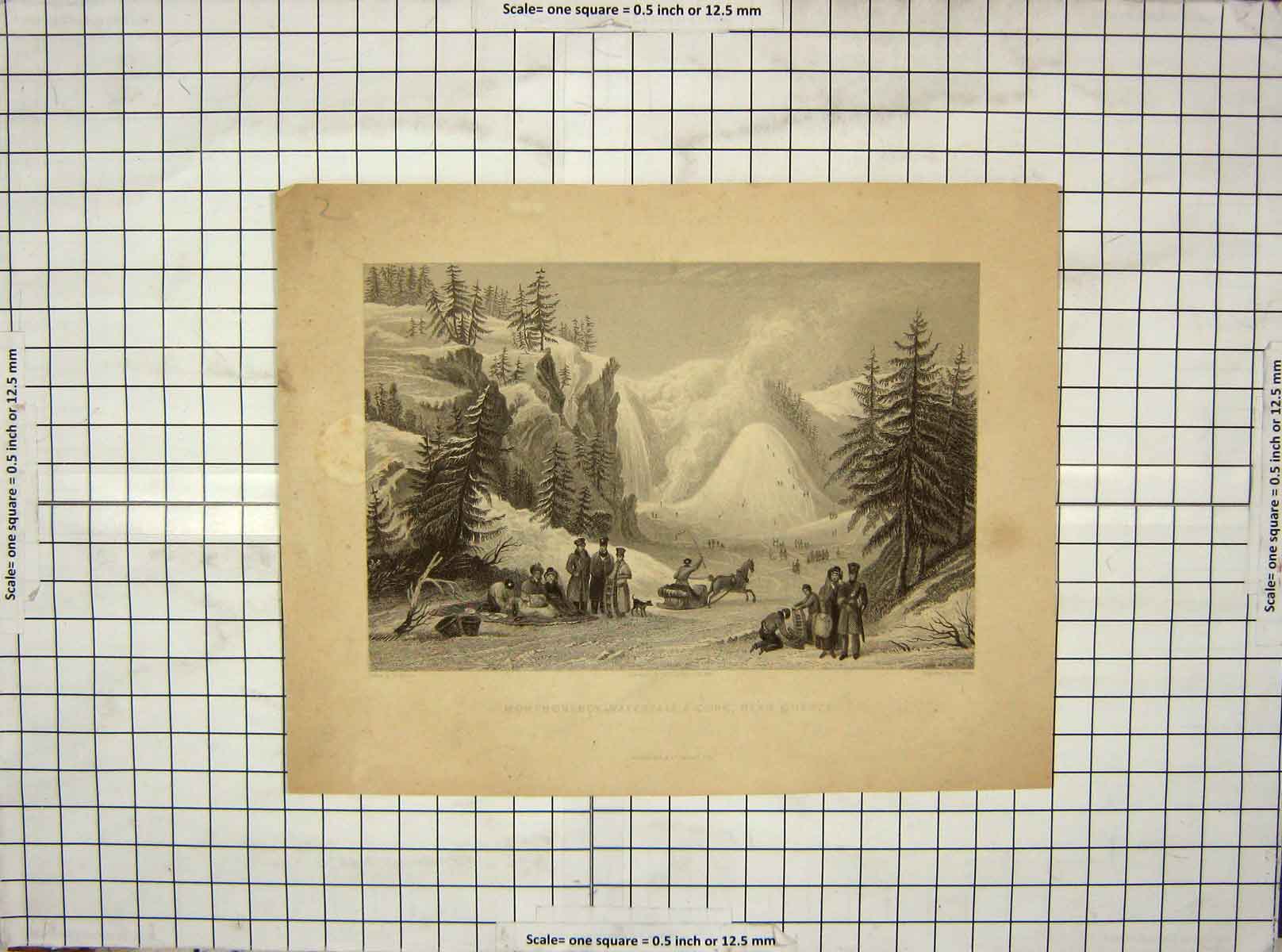 Original Old Antique Print Montmorancy Waterfall Cone Quebec Canada Mountains