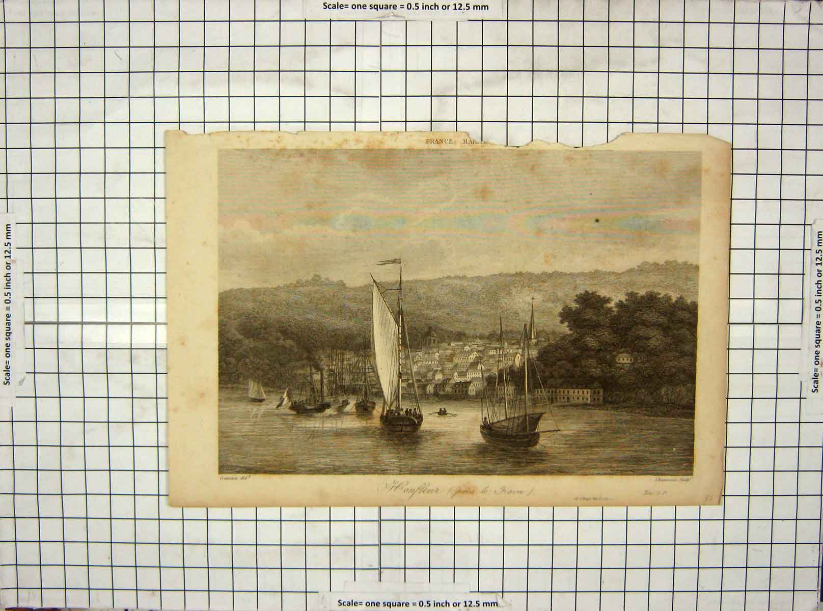 Original Old Antique Print Honfleur Boats Havre France Chamouin Gamain