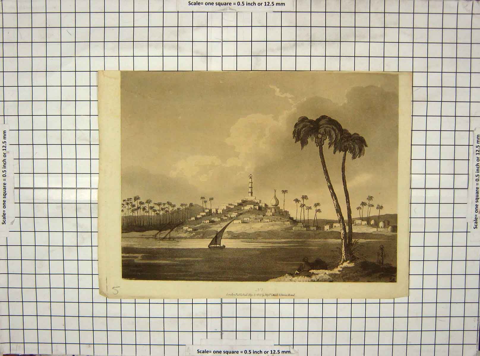Original Old Antique Print 1803 Engraving Yacht Architecture Trees 19th Century