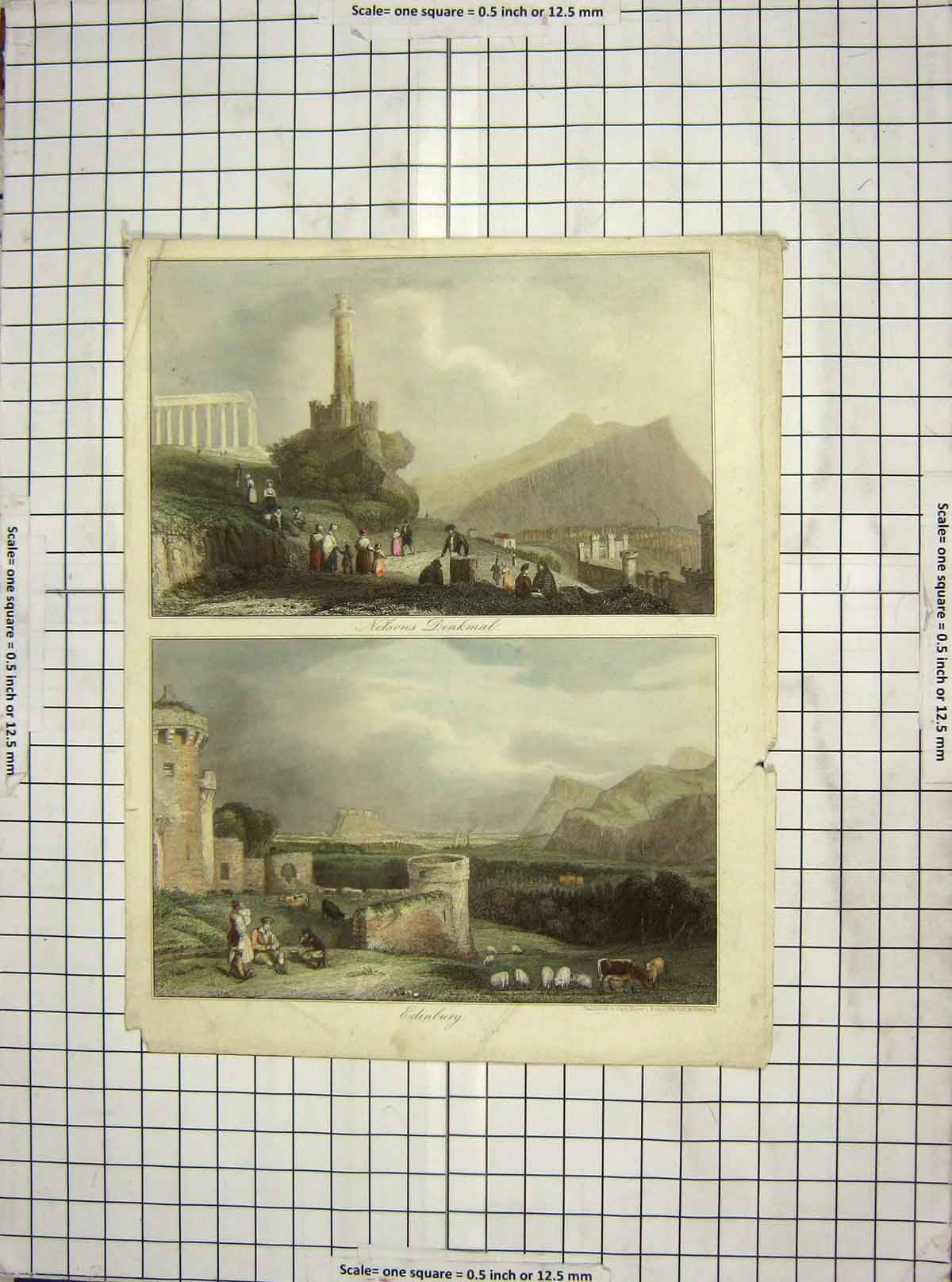 Original Old Antique Print Colour Nelson Denkmal Edinburgh Scotland