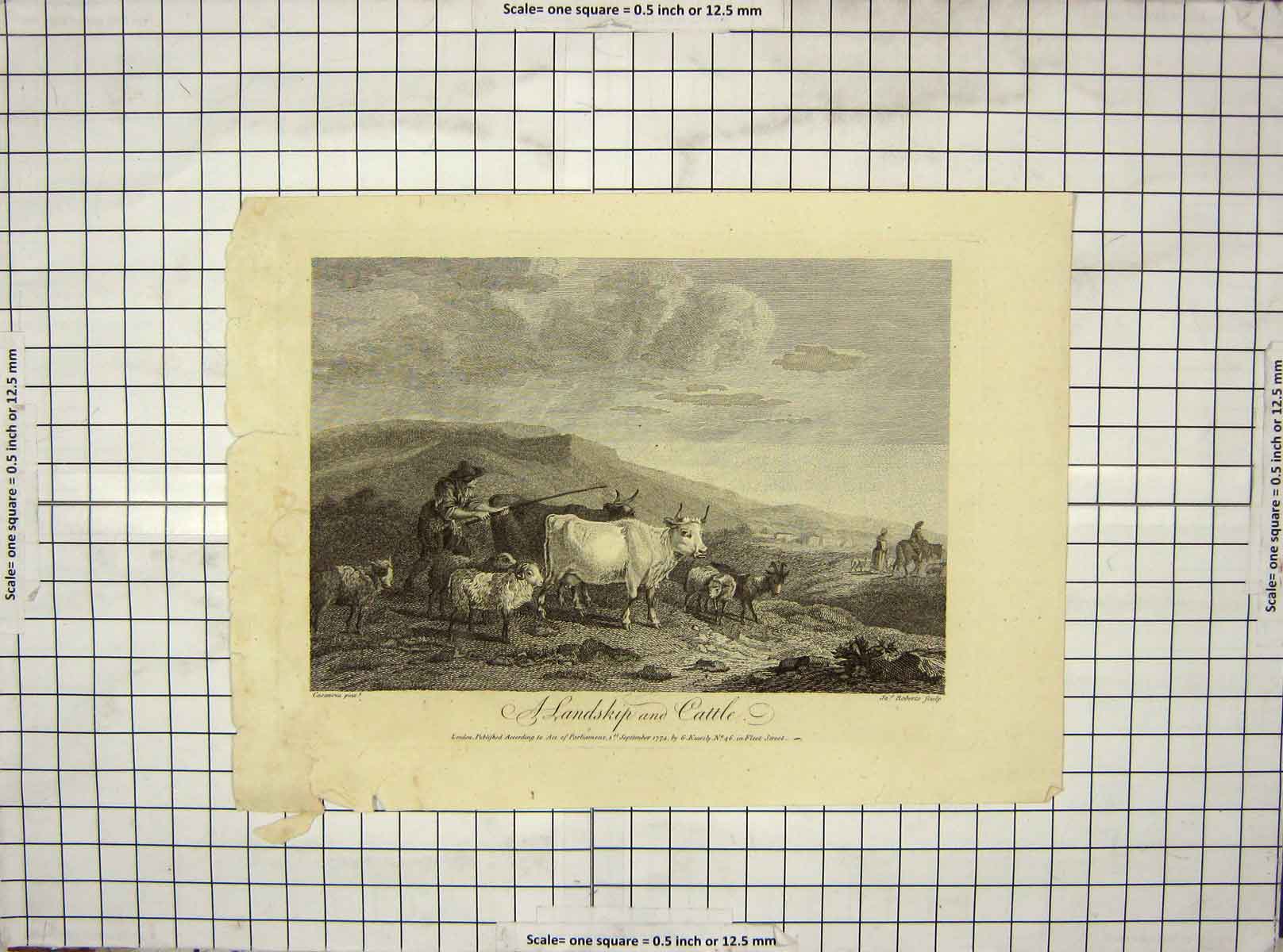 Original Old Antique Print Landskip Cattle Mountains 1774 Roberts Engraving