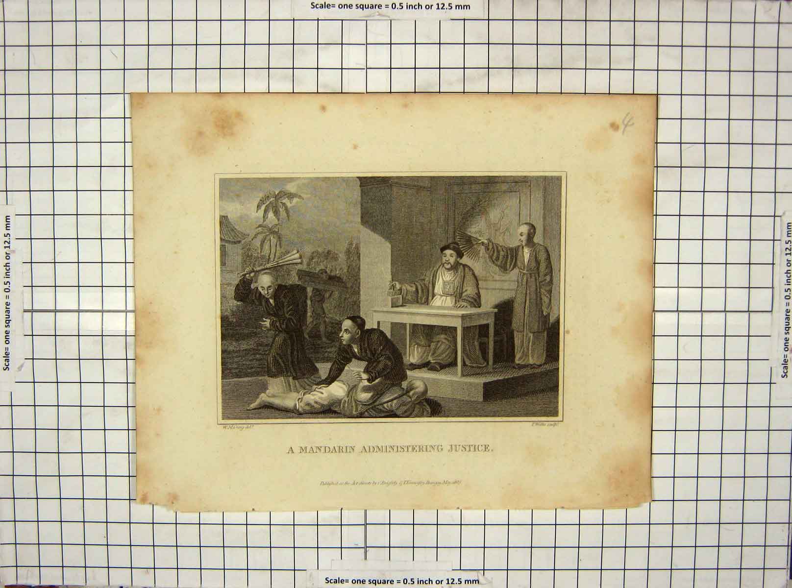 Original Old Antique Print Scene Mandarin Administering Justice 1805 Wallis
