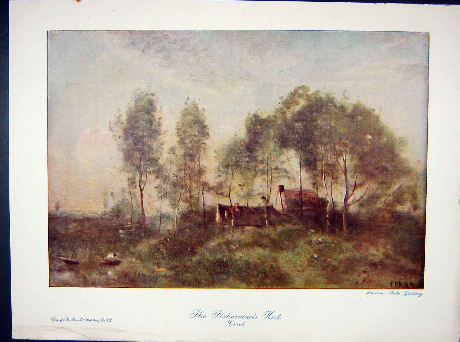 Original Old Antique Print C1910 Colour Fishermans Hut Corot Landscape 20th