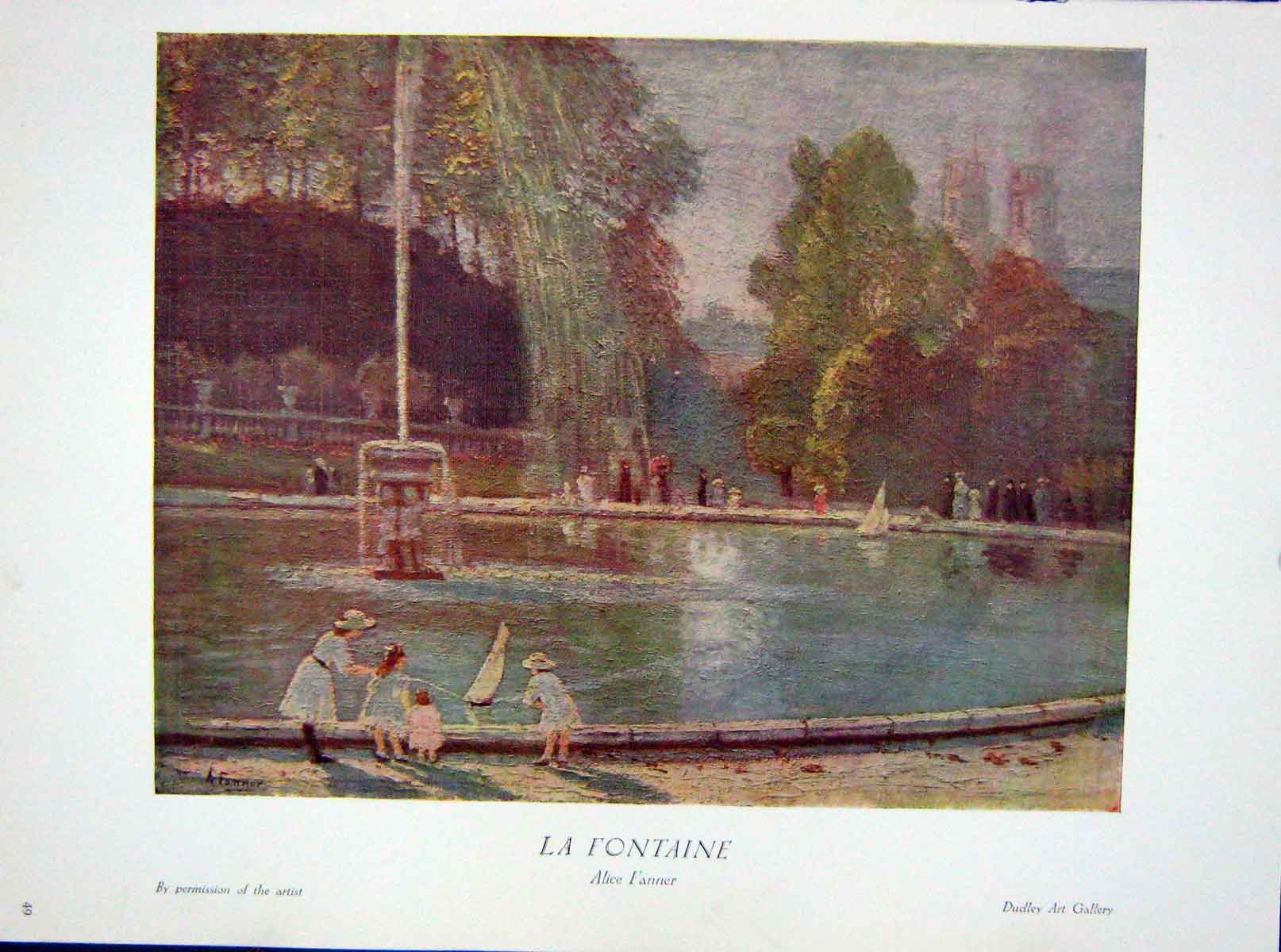 Original Old Antique Print C1910 Colour La Fontaine Fountain Alice Farmer 20th