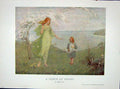 Original Old Antique Print C1910 Colour Spring Scene Lady Little Girl Dow 20th